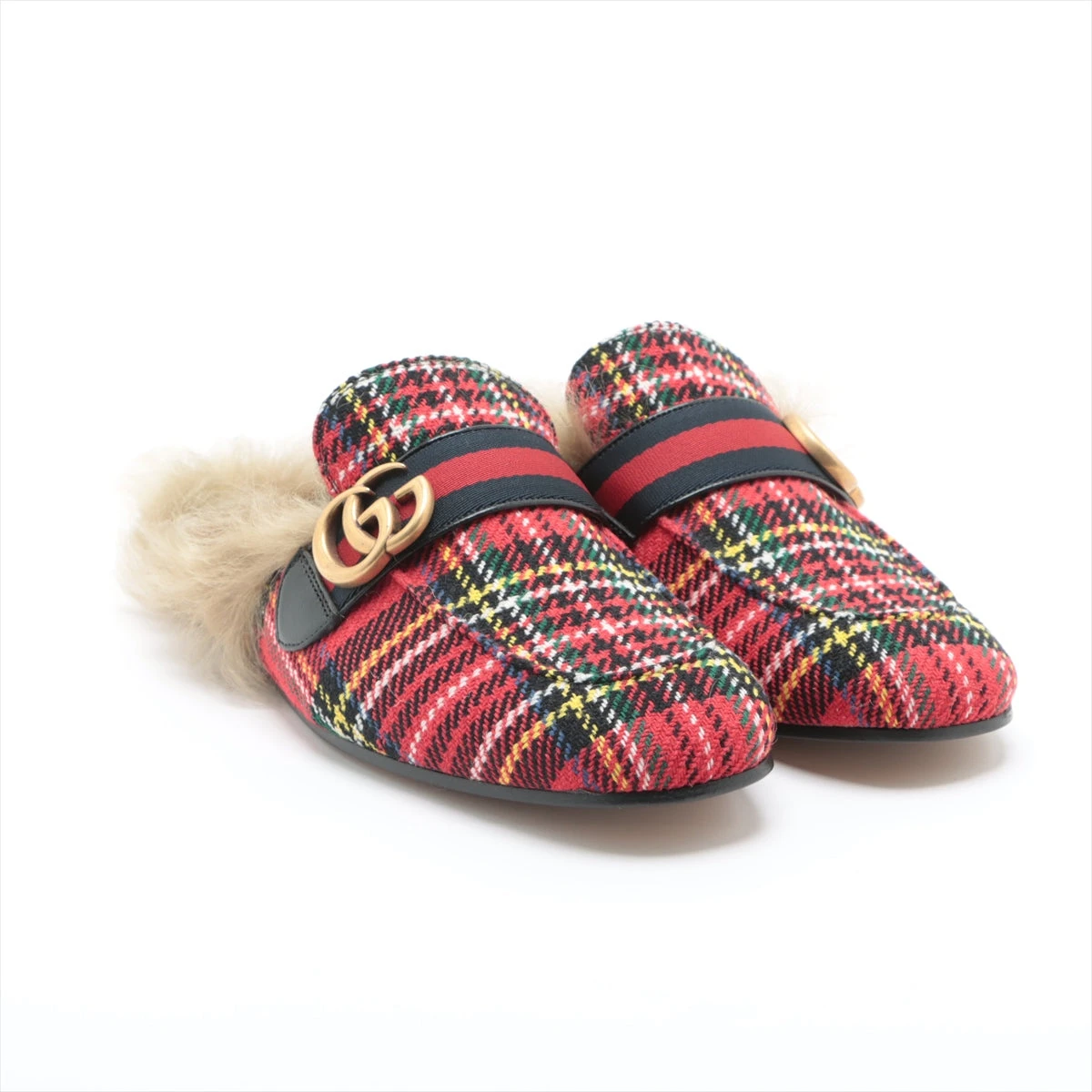 ゲ*ム様 【週末限定値下げ】 GUCCI プリンスタウンレッドチェック柄ファー付 グッチ プリンスタウン キャンバス ミュール 6 メンズ レッド GG