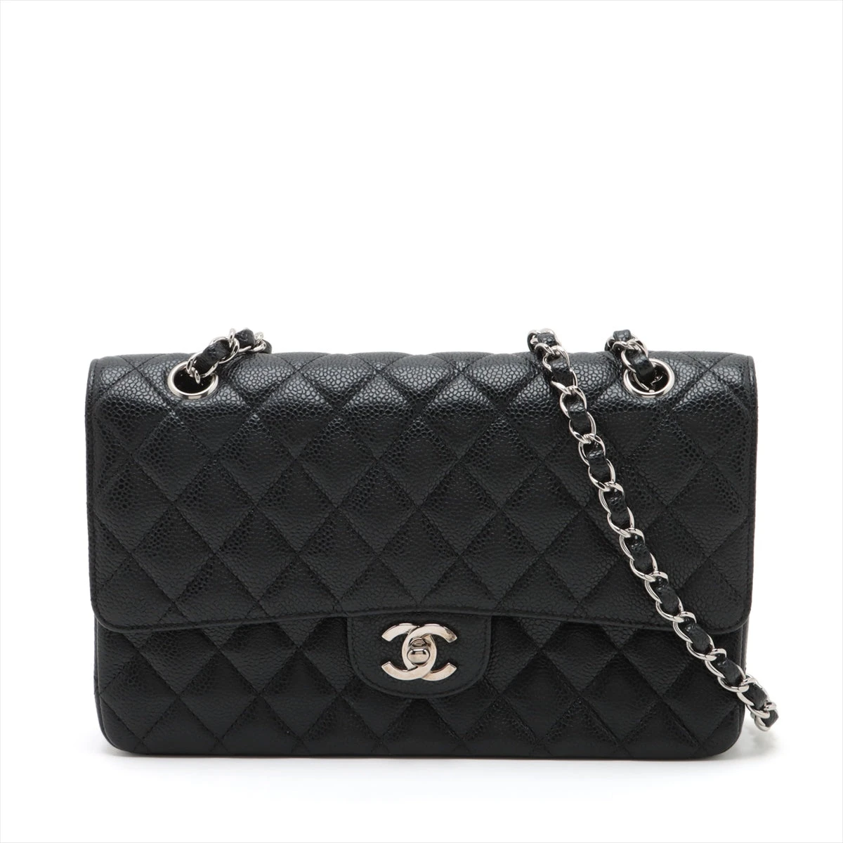CHANEL ダブルチェーン　フラップバッグ　キャビアスキンシルバー シャネル マトラッセ25 キャビアスキン ダブルフラップ ダブルチェーン