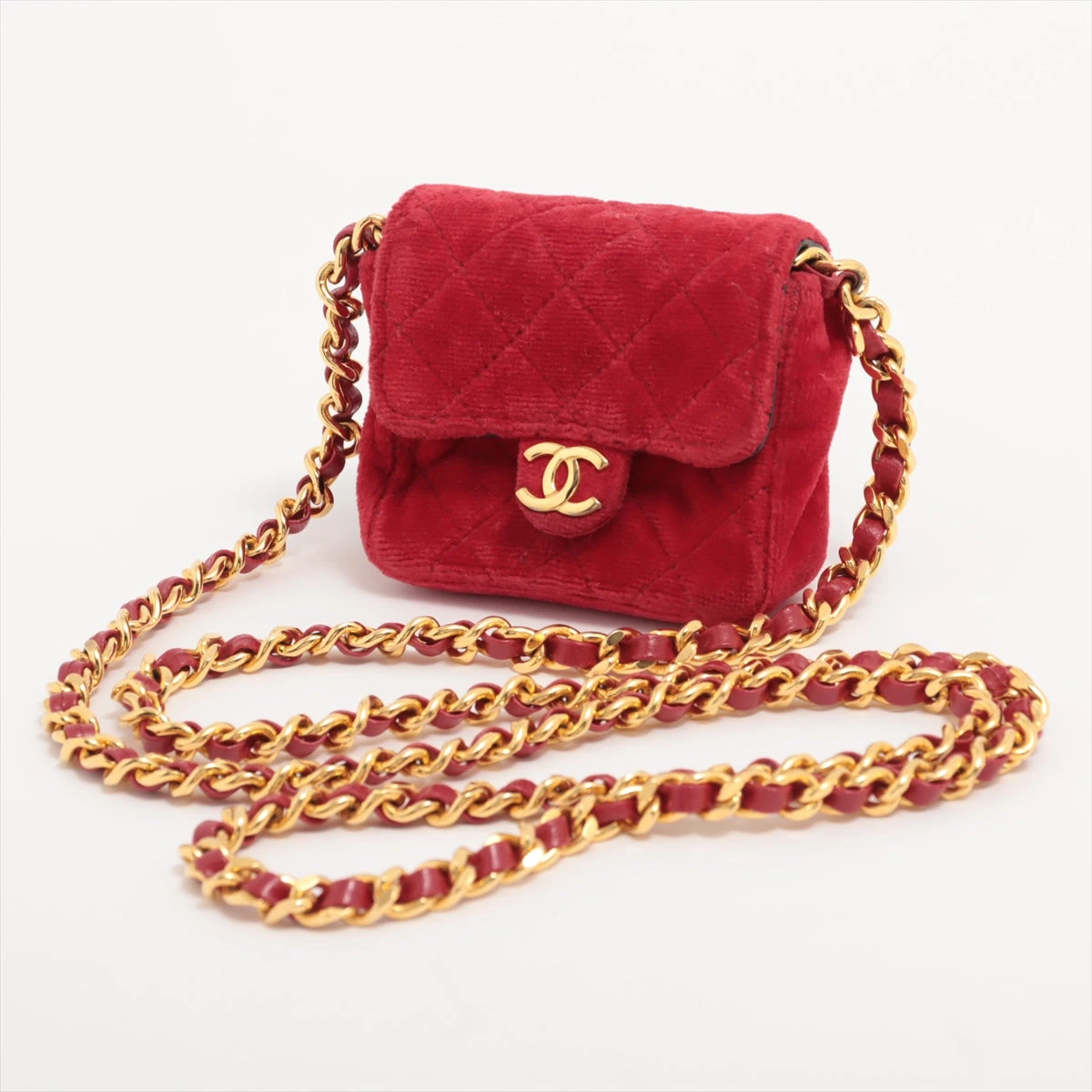 シャネル ミニミニマトラッセ ベロア ポーチ レッド ゴールド金具
