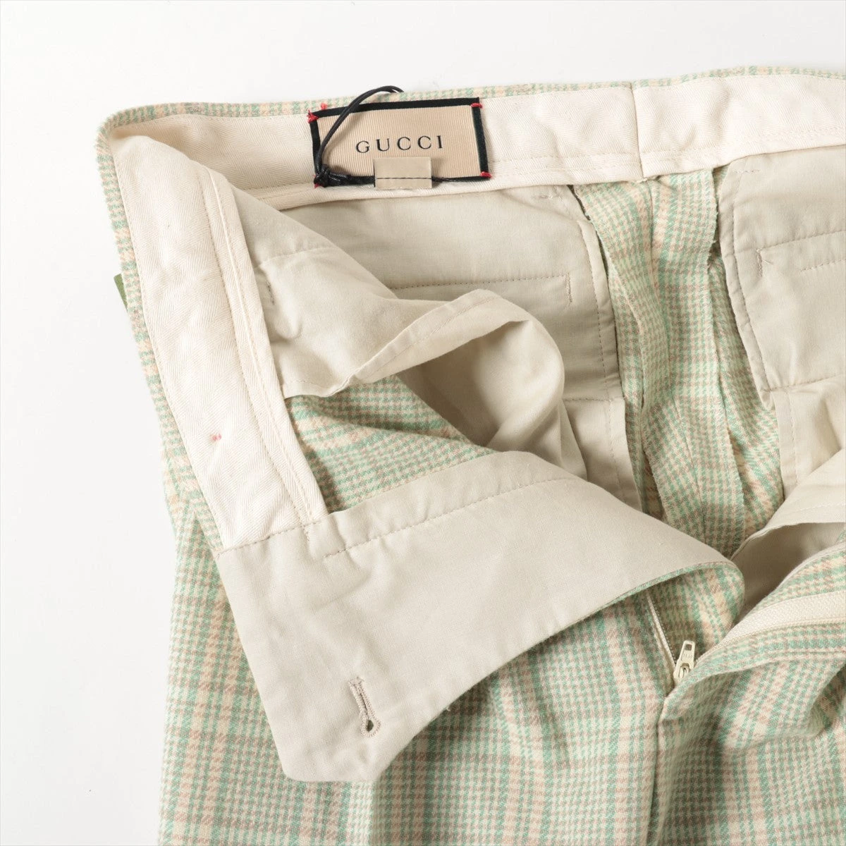 グッチ 21AW ウール×ナイロン パンツ 46 ベージュ×グリーン タータン