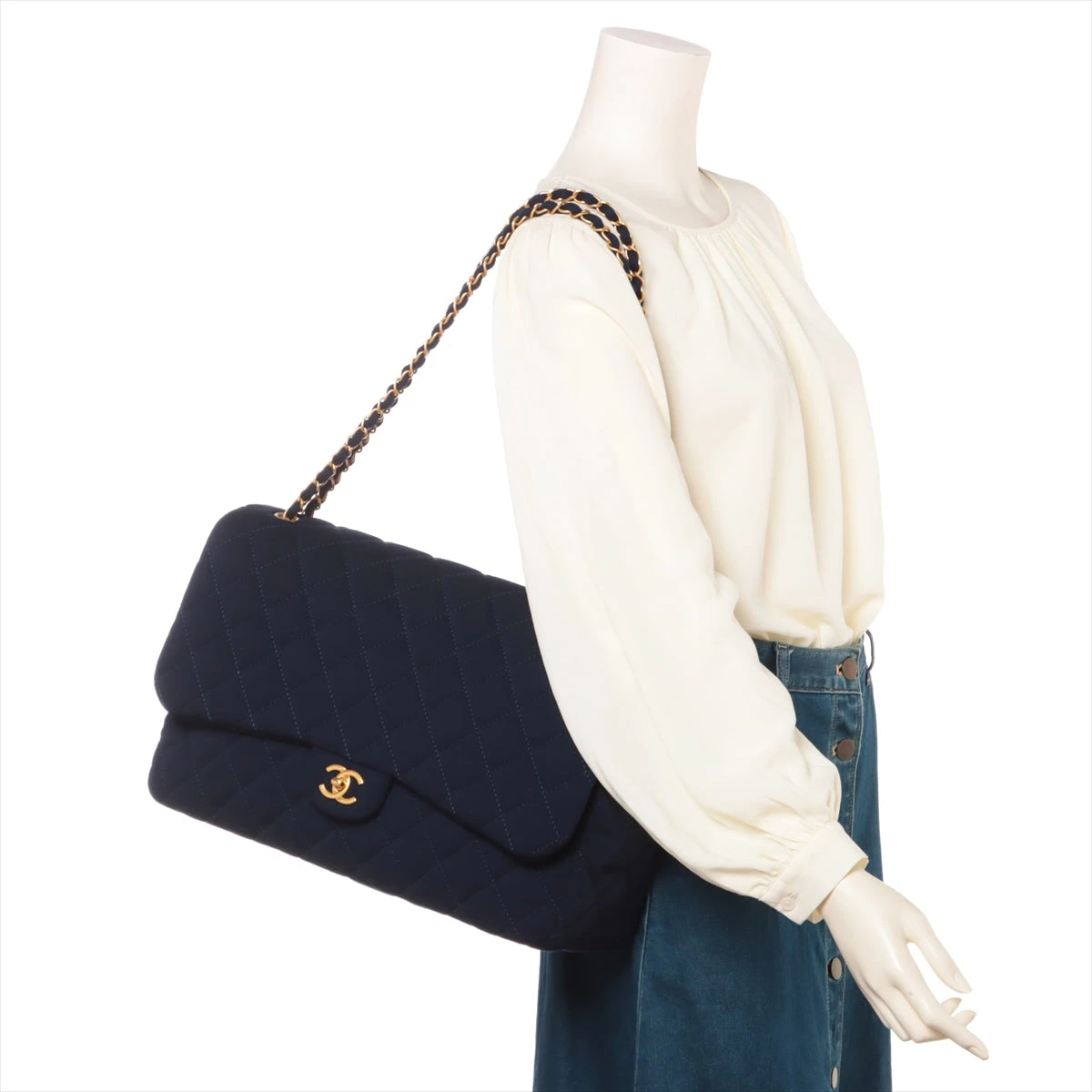 シャネル デカマトラッセ コットン シングルフラップ ダブルチェーン