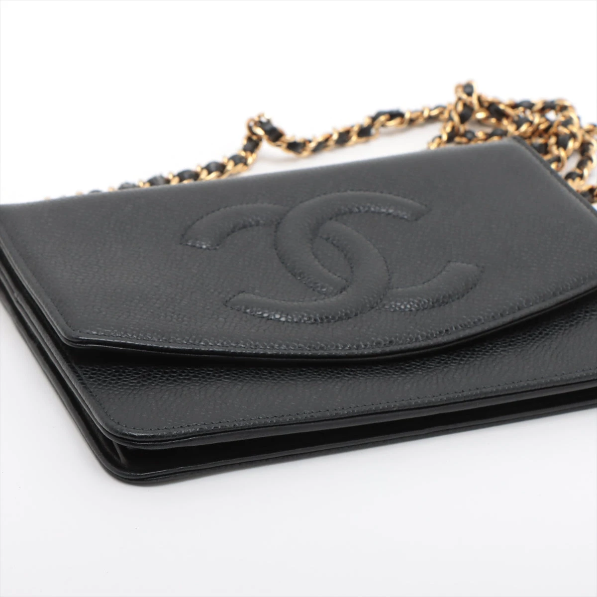 CHANEL キャビアスキン CC 二つ折り ゴールド金具 ココマーク シャネル ココマーク キャビアスキン チェーンウォレット ブラック
