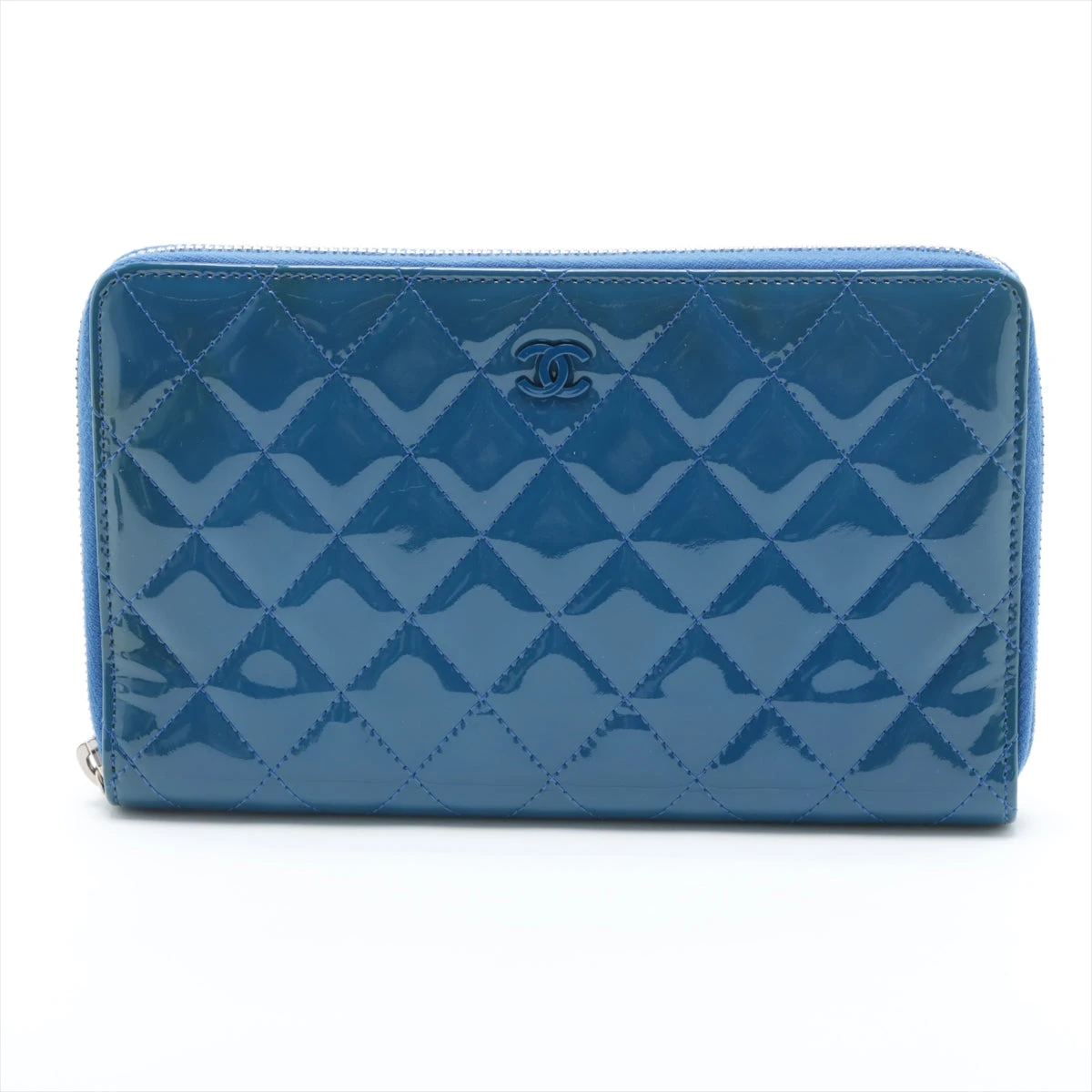 シャネル マトラッセ パテントレザー ラウンドジップウォレット ブルー