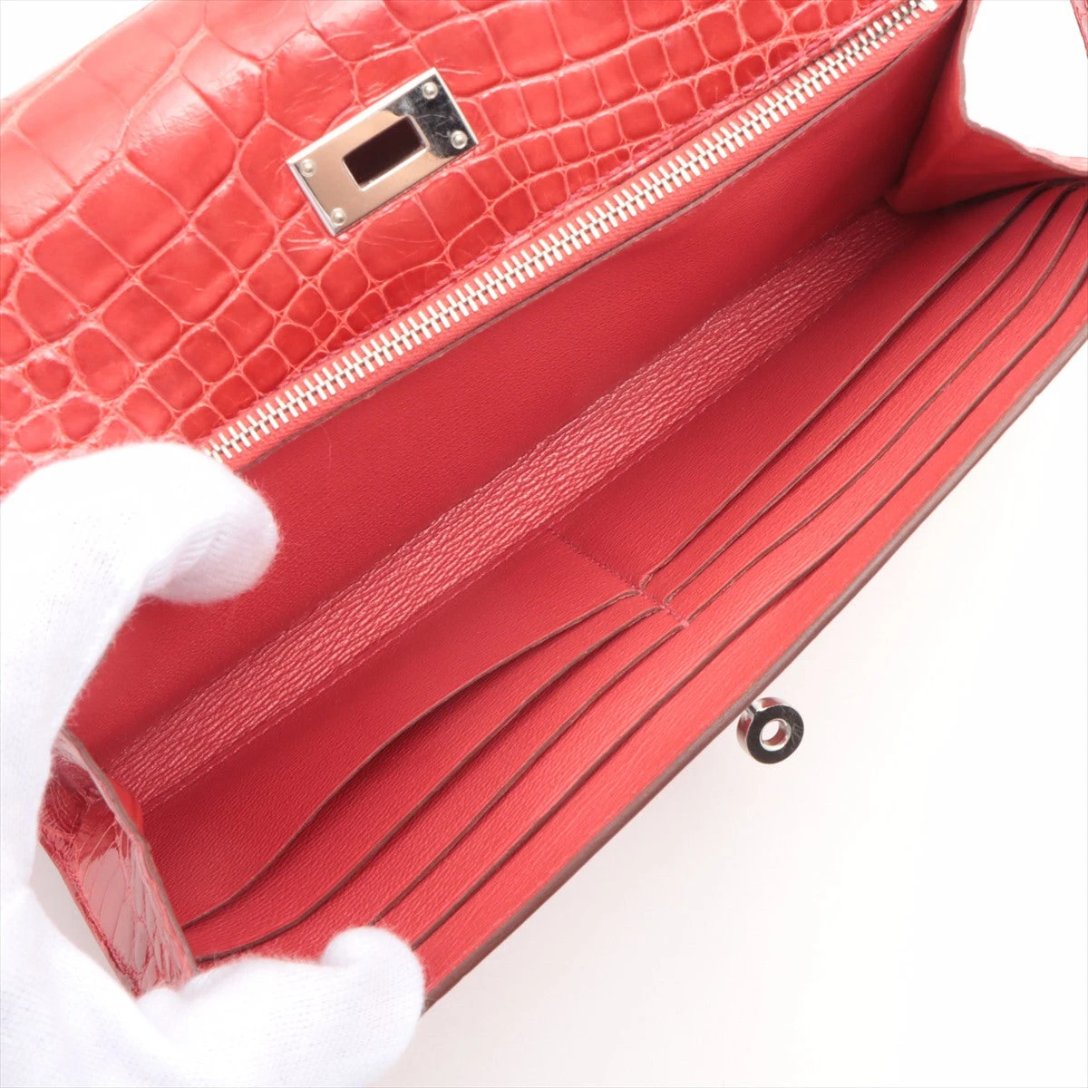 エルメス ケリーウォレット アリゲーター 財布 レッド シルバー