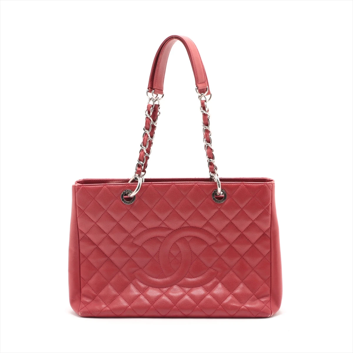 シャネル GST キャビアスキン チェーントートバッグ レッド シルバー  