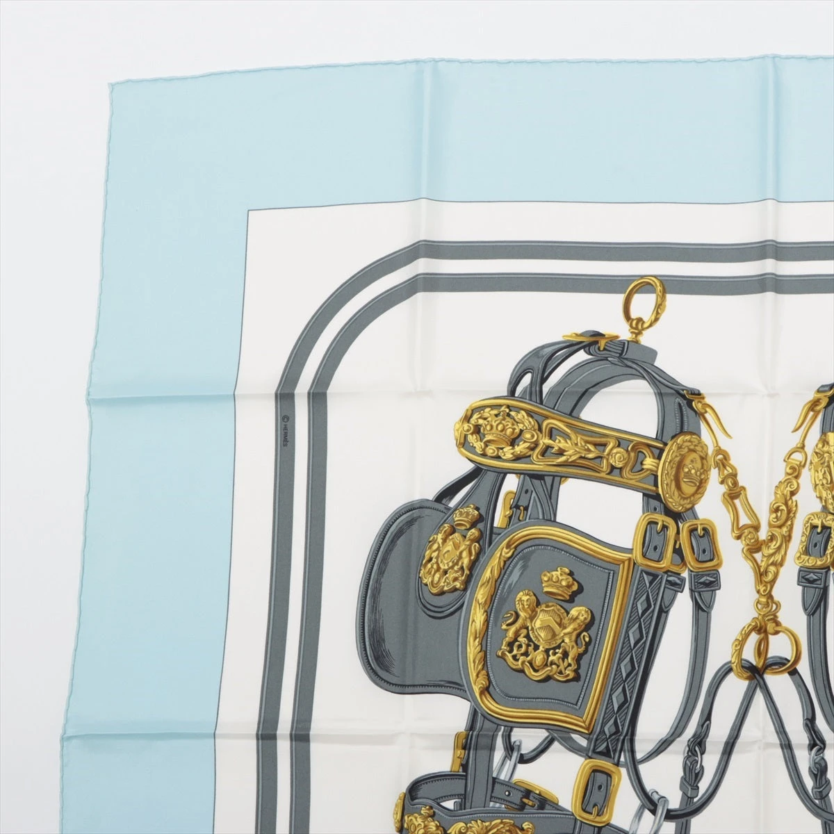 エルメス カレ90 BRIDES de GALA 式典用馬勒 スカーフ シルク ブルー