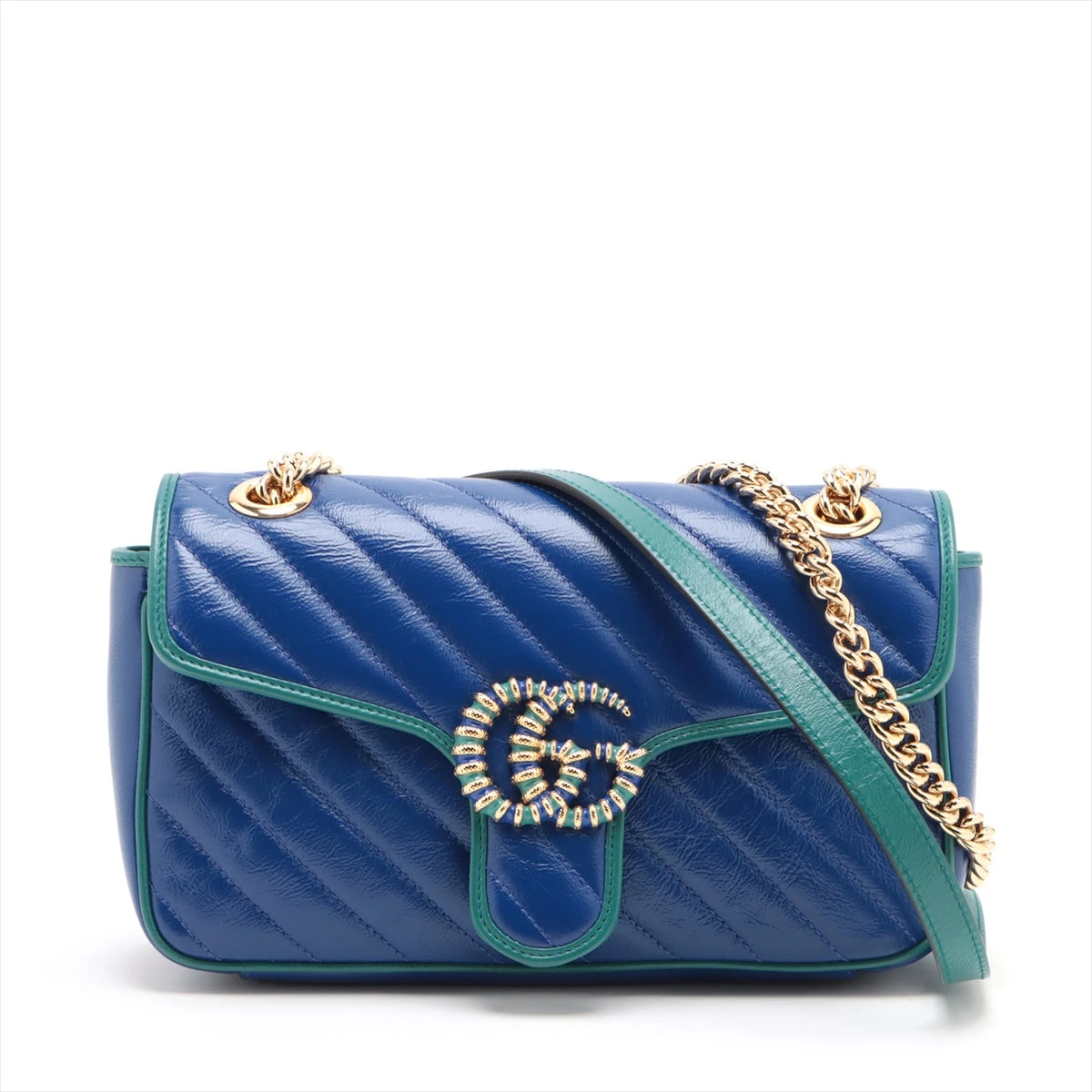 グッチ GGマーモント レザー チェーンショルダーバッグ ブルー  