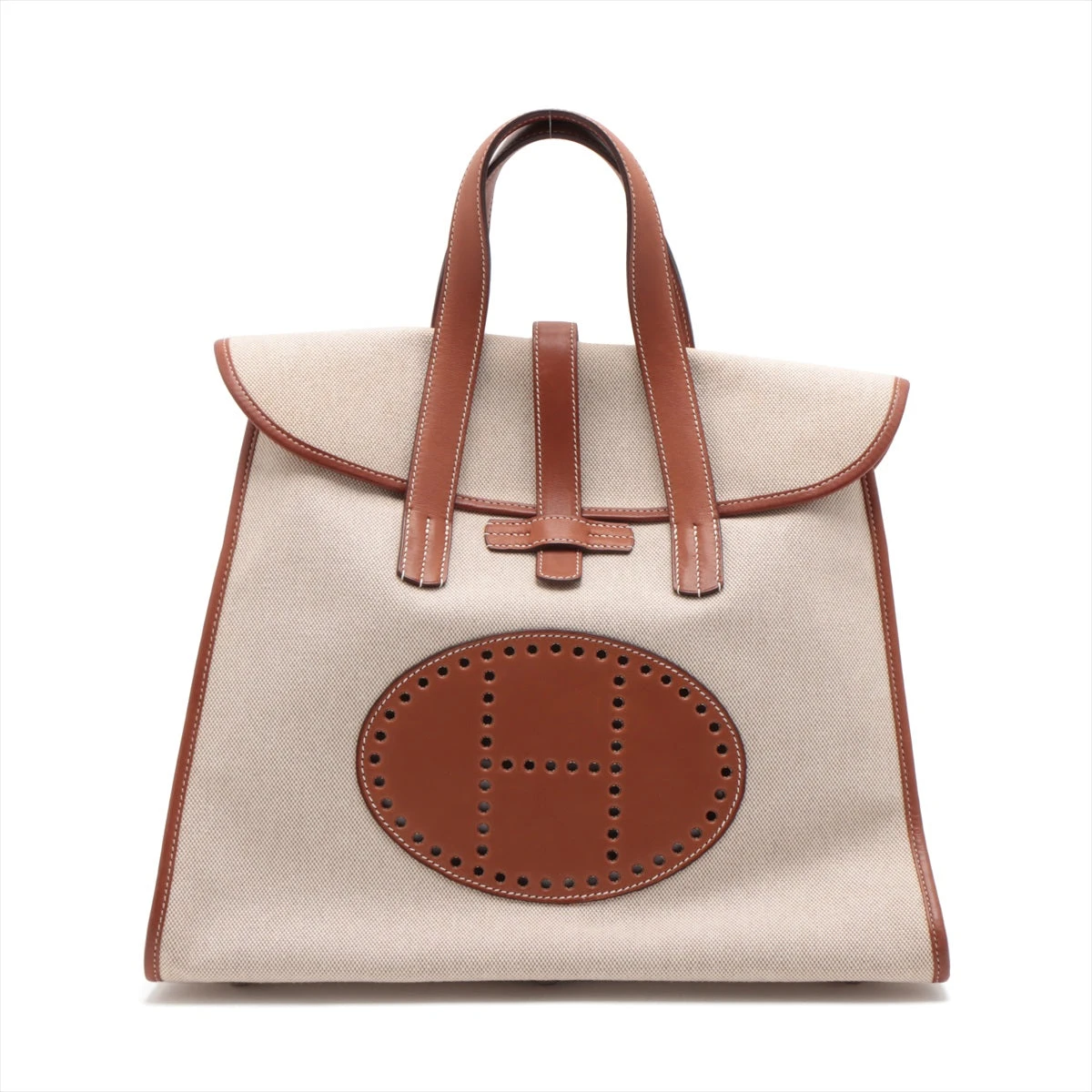 エルメス フードゥ キャンバス×レザー ハンドバッグ ブラウン シルバー