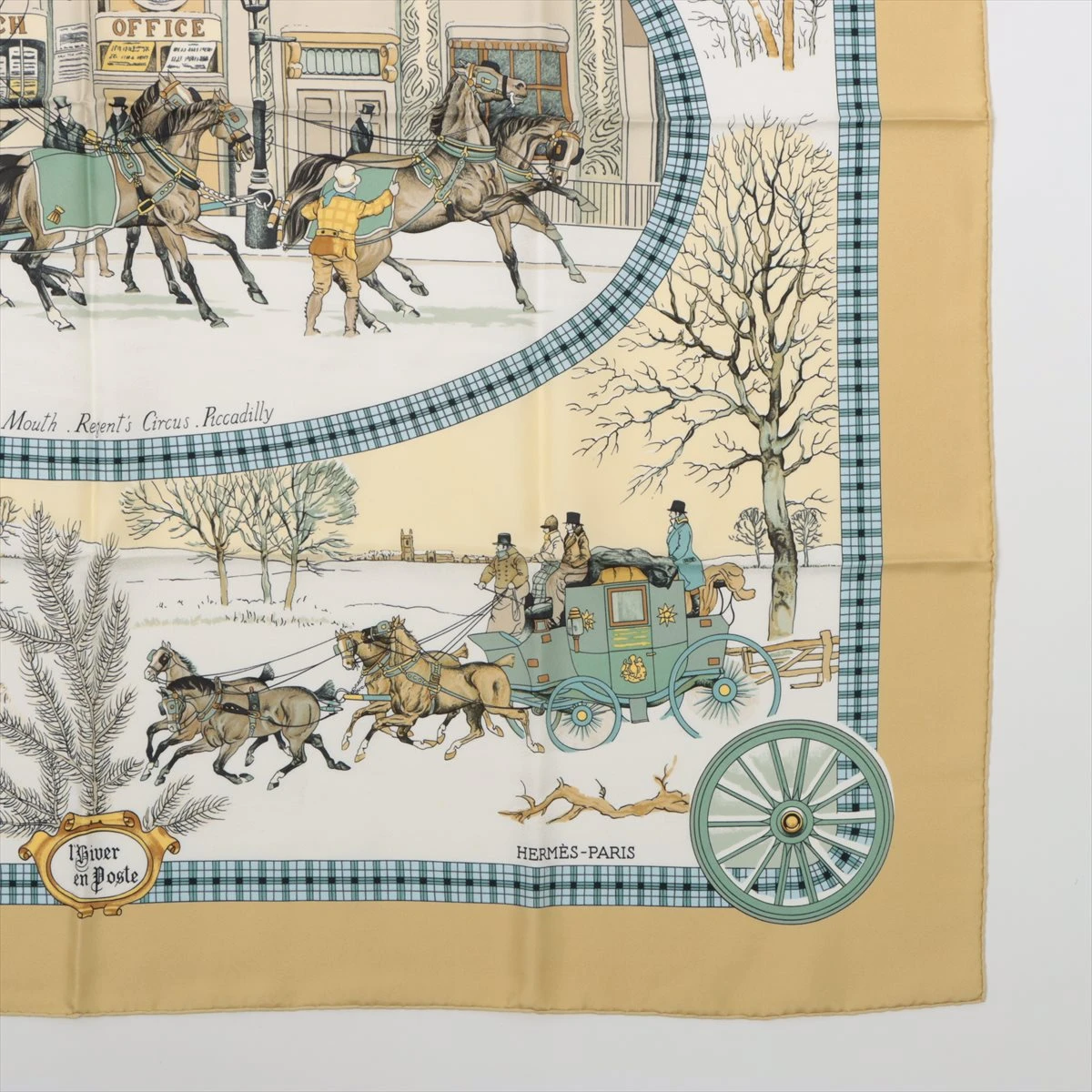 エルメス カレ90 BULL＆MOUTH 郵便馬車 スカーフ シルク イエロー