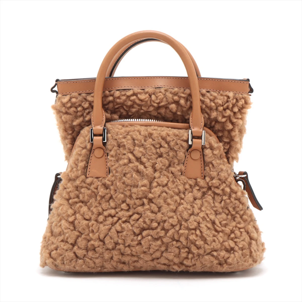 【美品】メゾンマルジェラ 5AC エコファー×レザー ベージュ メゾンマルジェラ 5AC エコファー×レザー 2WAYハンドバッグ ブラウン