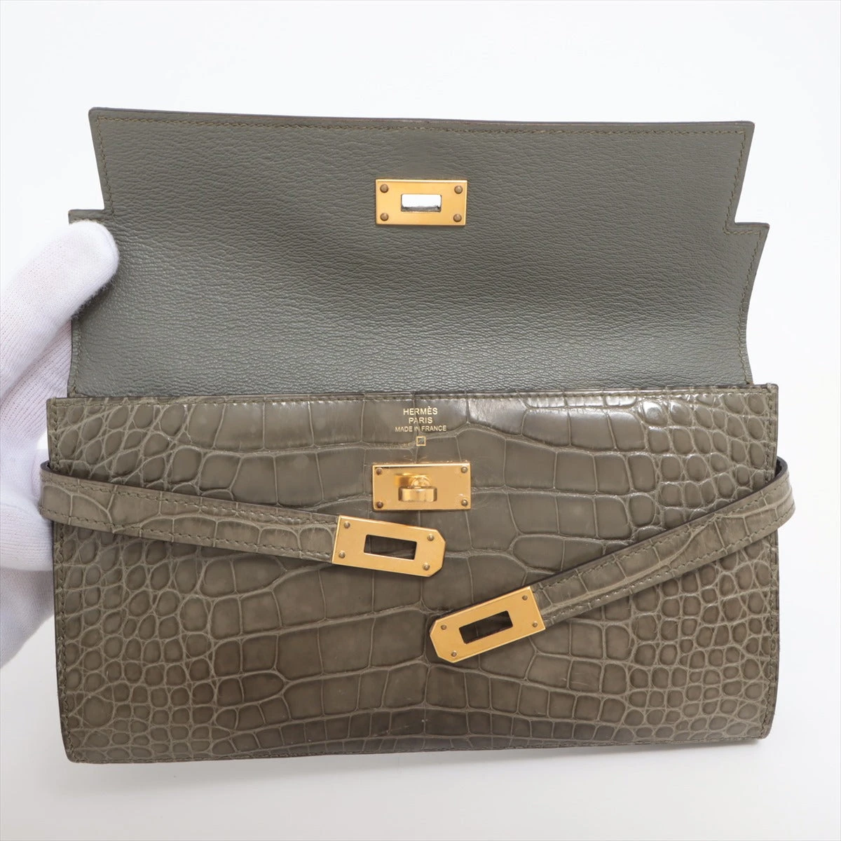 エルメス ケリーウォレット アリゲーター 財布 グレー ゴールド金具 A