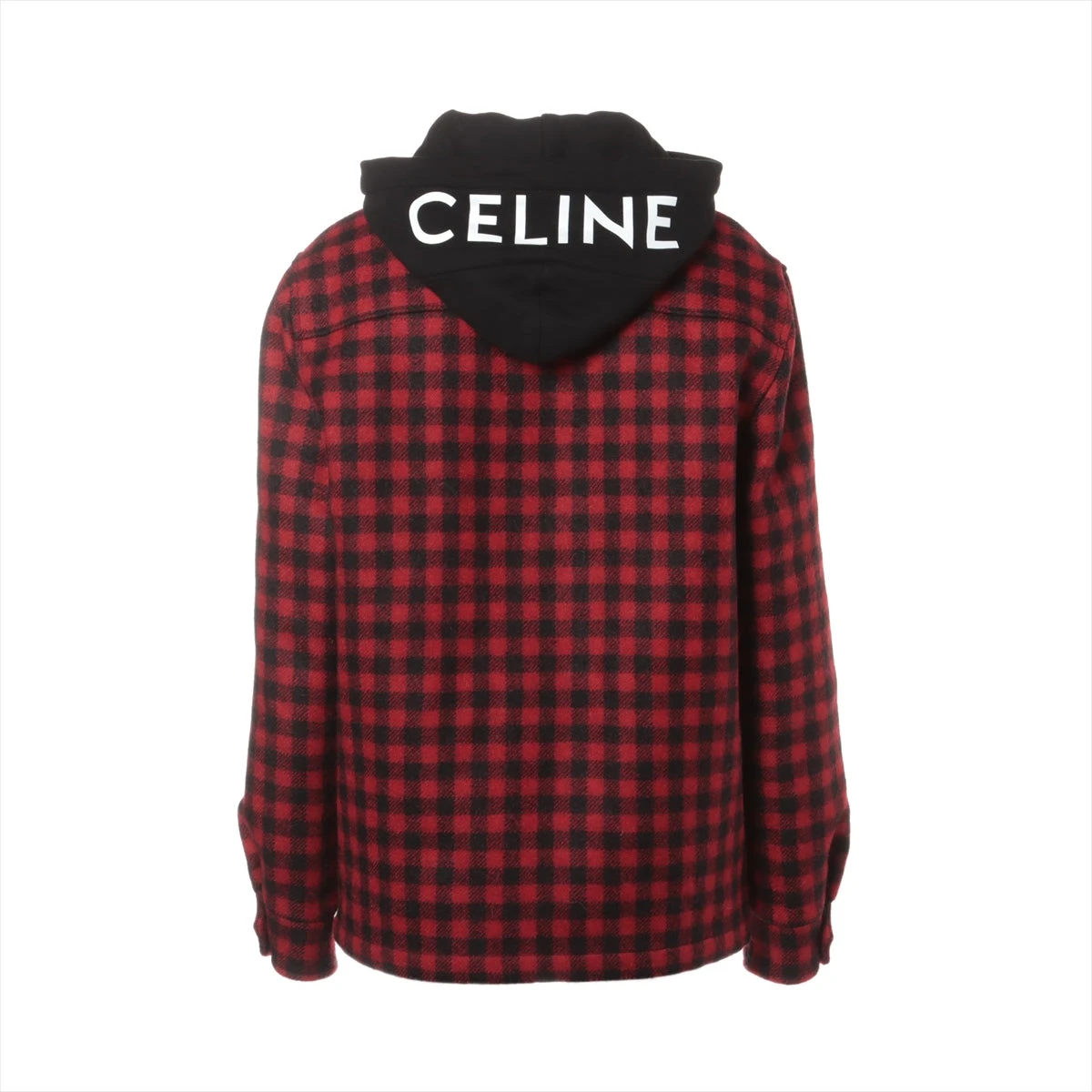 ☆美品☆セリーヌ チェーン柄 ノーカラージャケット ウール シルク 赤x黒 CELINE セリーヌ チェック柄ネルシャツ メンズ38 レッド
