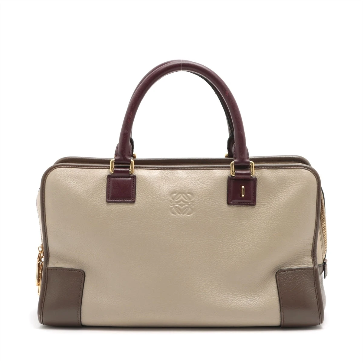 ロエベ アマソナ36 レザー ハンドバッグ ベージュ×ブラウン AP046059  