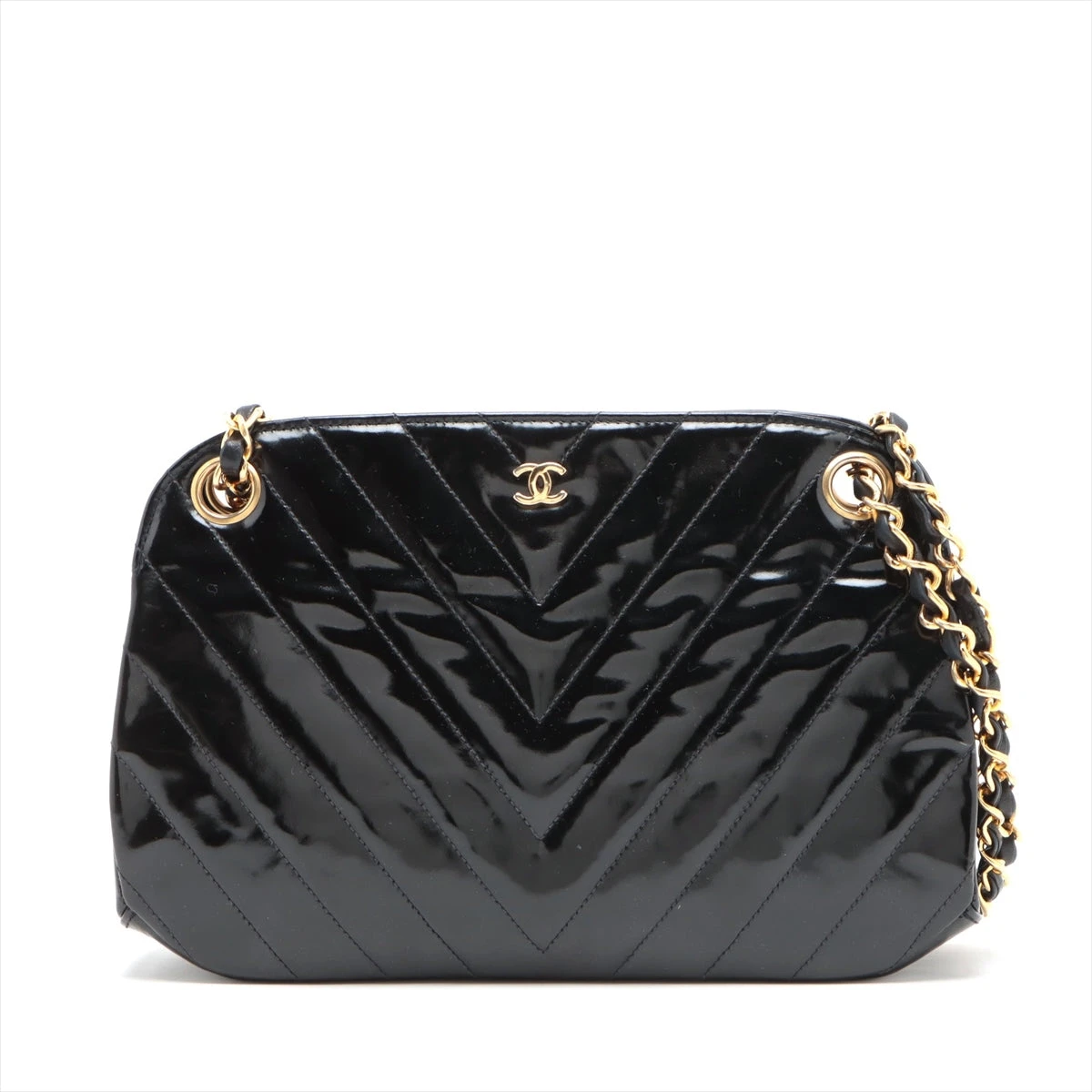 B*】様 CHANEL パテントレザー ブラック ショルダーバッグ　ゴールド金具 シャネル Vステッチ パテントレザー チェーンショルダーバッグ