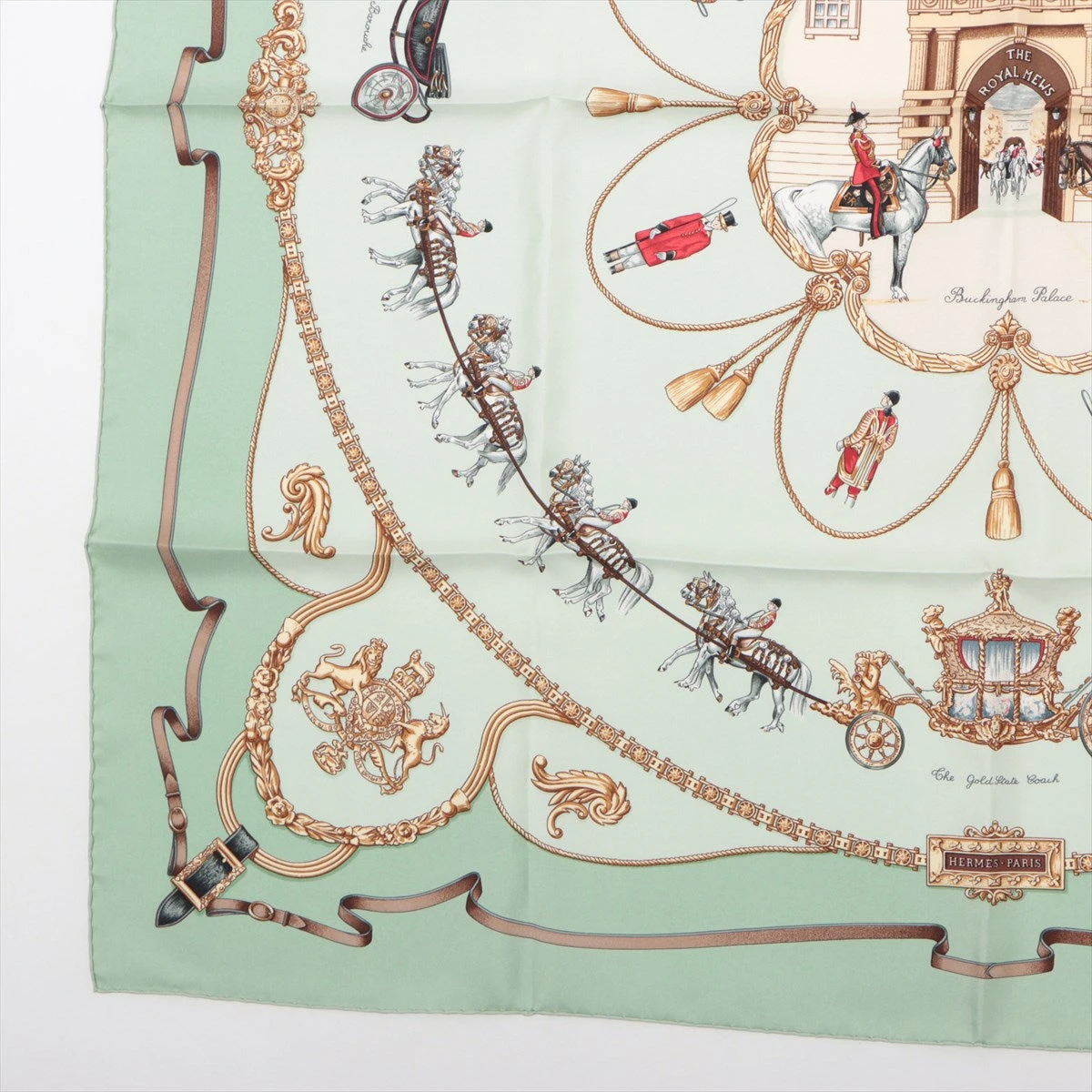 エルメス カレ90 スカーフ シルク ペールグリーン HE ROYAL MEWS