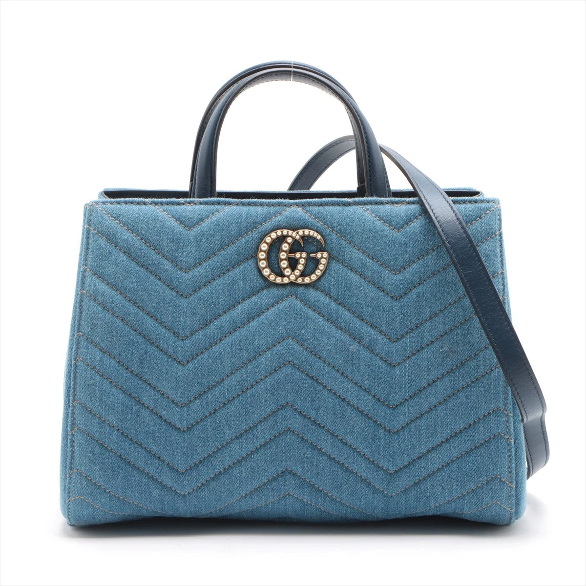 グッチ GGマーモント ハンドバッグ 2way レザー×デニム キルティング グッチ GGマーモント デニム×レザー 2WAYハンドバッグ ネイビー 448054