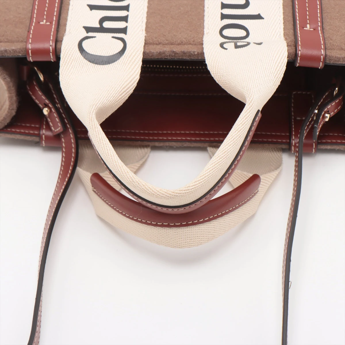 【美品】Chloé ウッディスモールトート　フェルト　ブラウン Chloe クロエ WOODYスモールトートバッグ White&Brown ホワイト