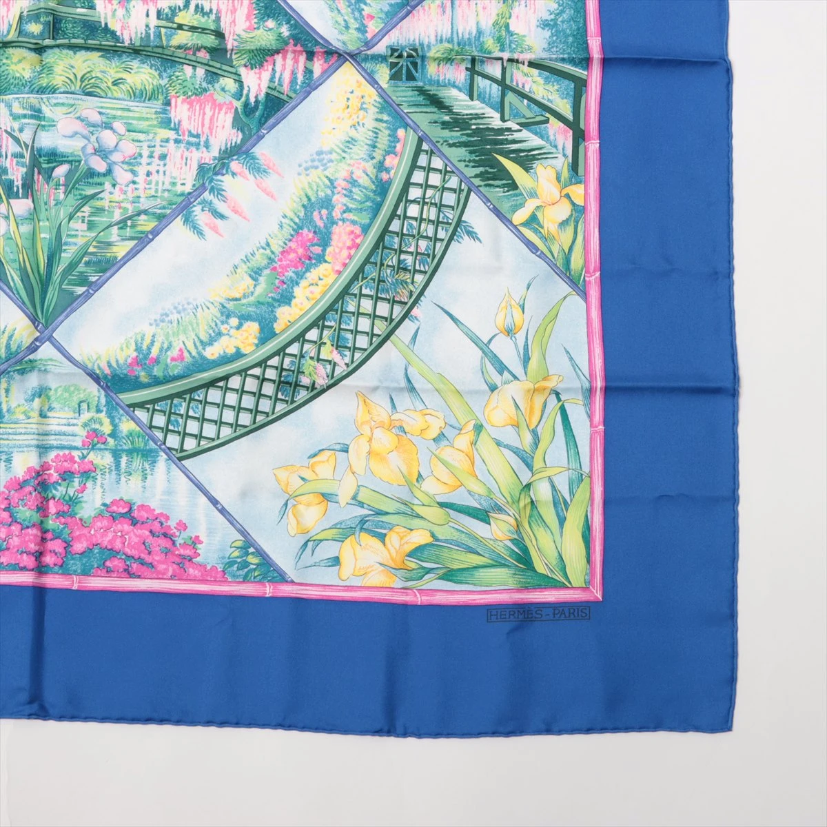エルメス カレ90 GIVERNY スカーフ シルク ブルー×ピンク