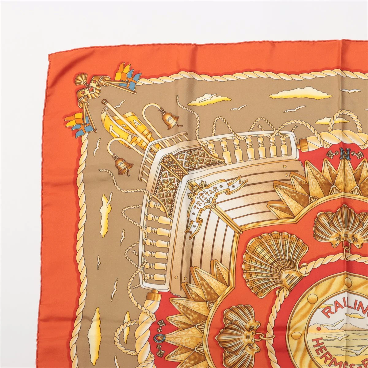 エルメス カレ90 RAILING 船の手摺 スカーフ シルク オレンジ A2689076