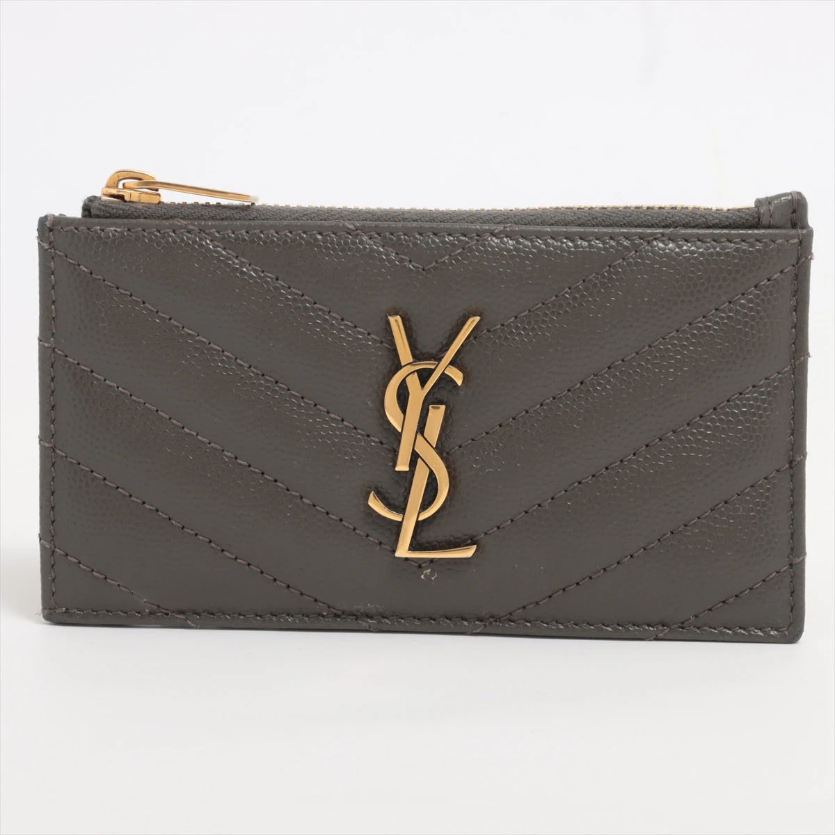 美品　サンローラン　Vステッチコンパクト財布　YSLロゴ金具　グレー 美品】サンローラン YSL長財布 キャビアスキンラウンド