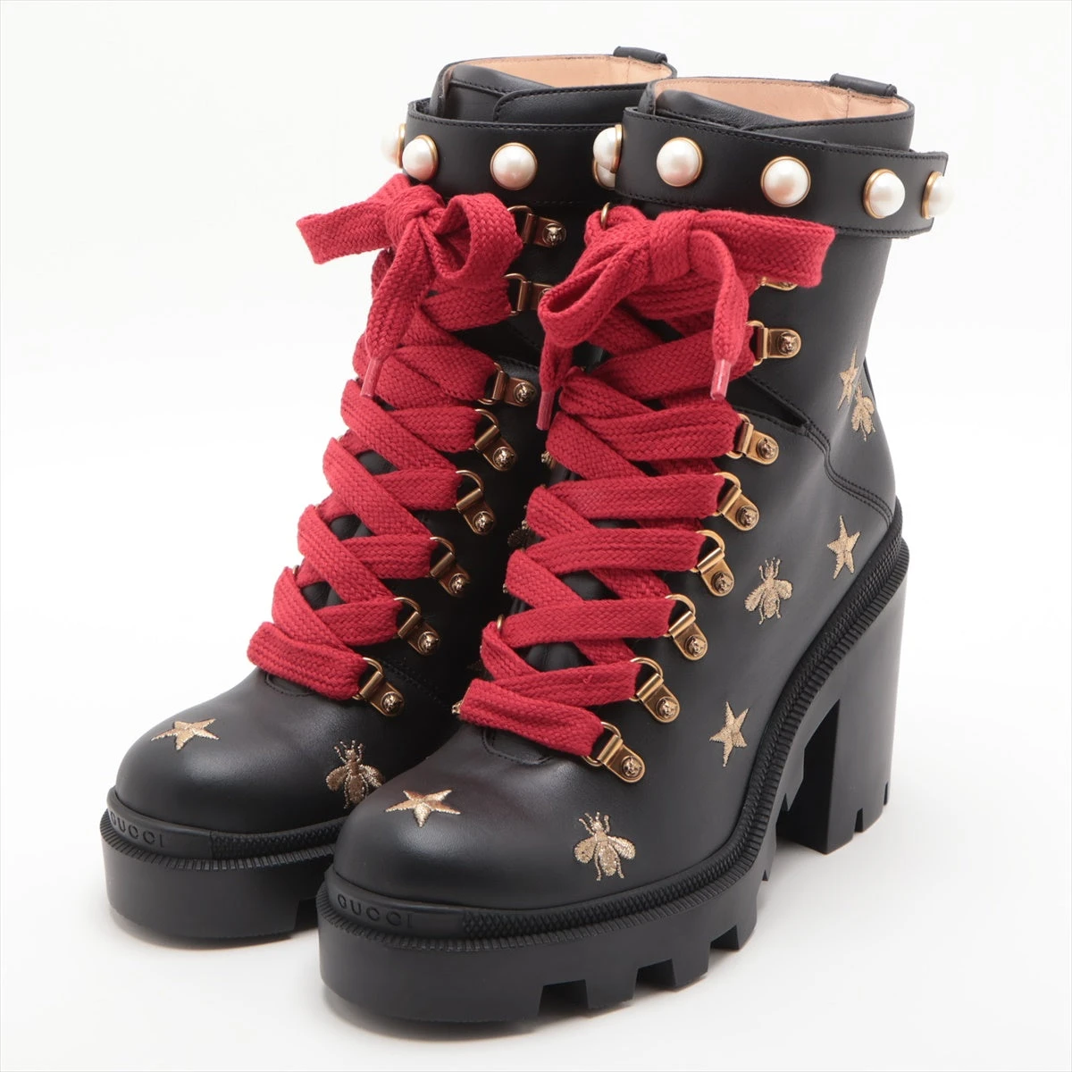 グッチ レザー ショートブーツ 38 レディース ブラック×ゴールド  