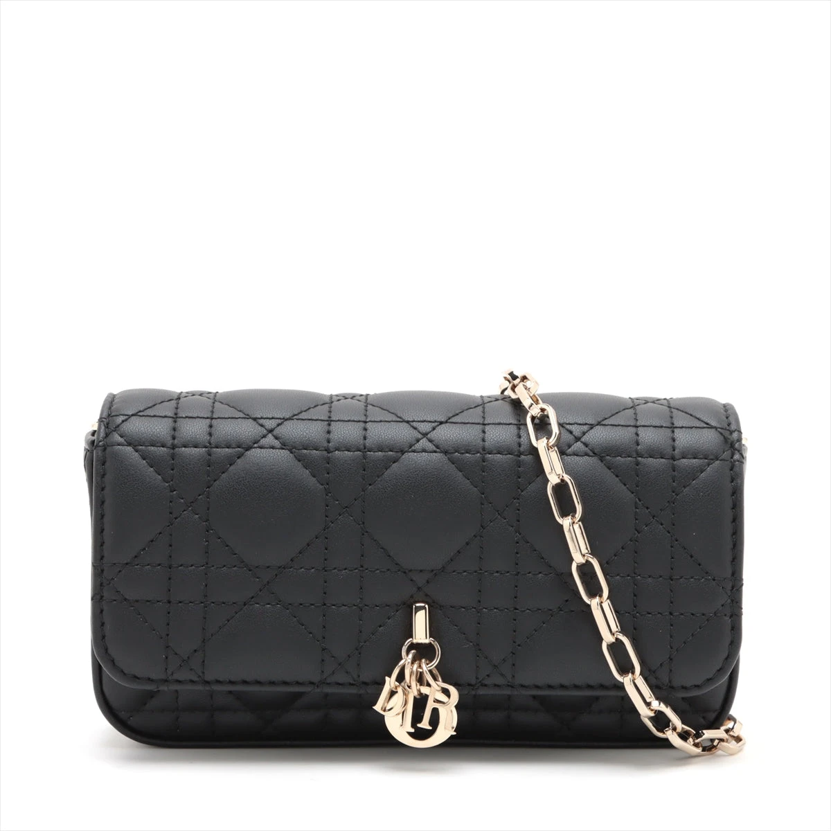 ディオール　ブラックレザーショルダーバッグ カナージュ　チェーン クリスチャンディオール レディディオール カナージュ レザー チェーン