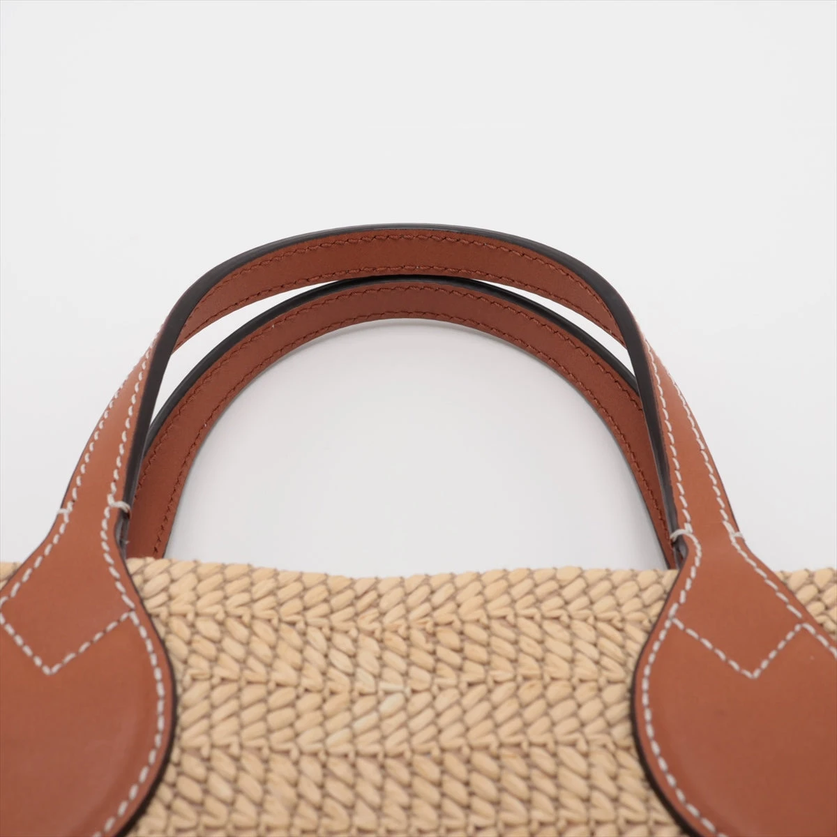 グッチ パッチ ラフィア×レザー カゴバッグ ベージュ×ブラウン