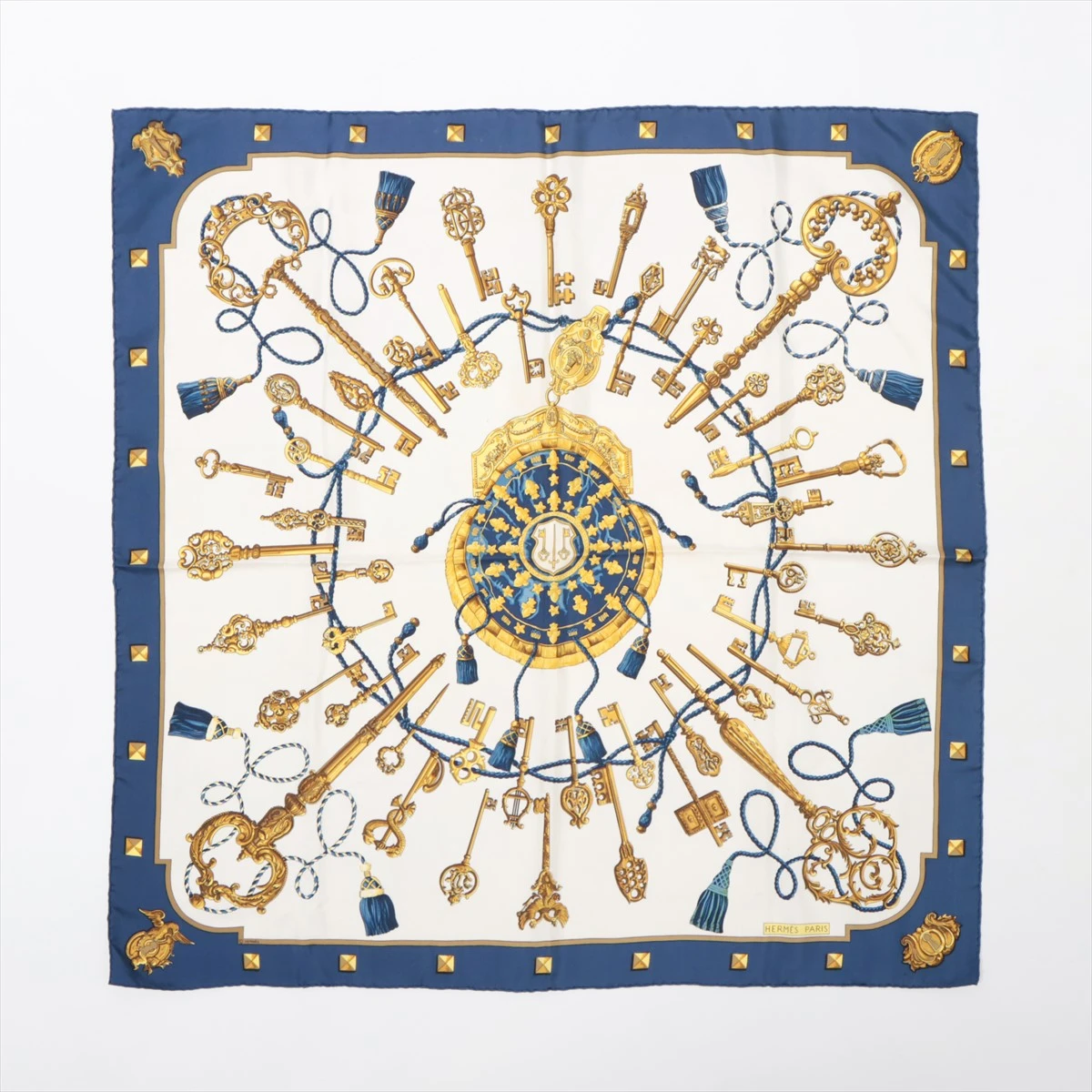エルメス カレ90 LES CLES 鍵 スカーフ シルク ネイビー