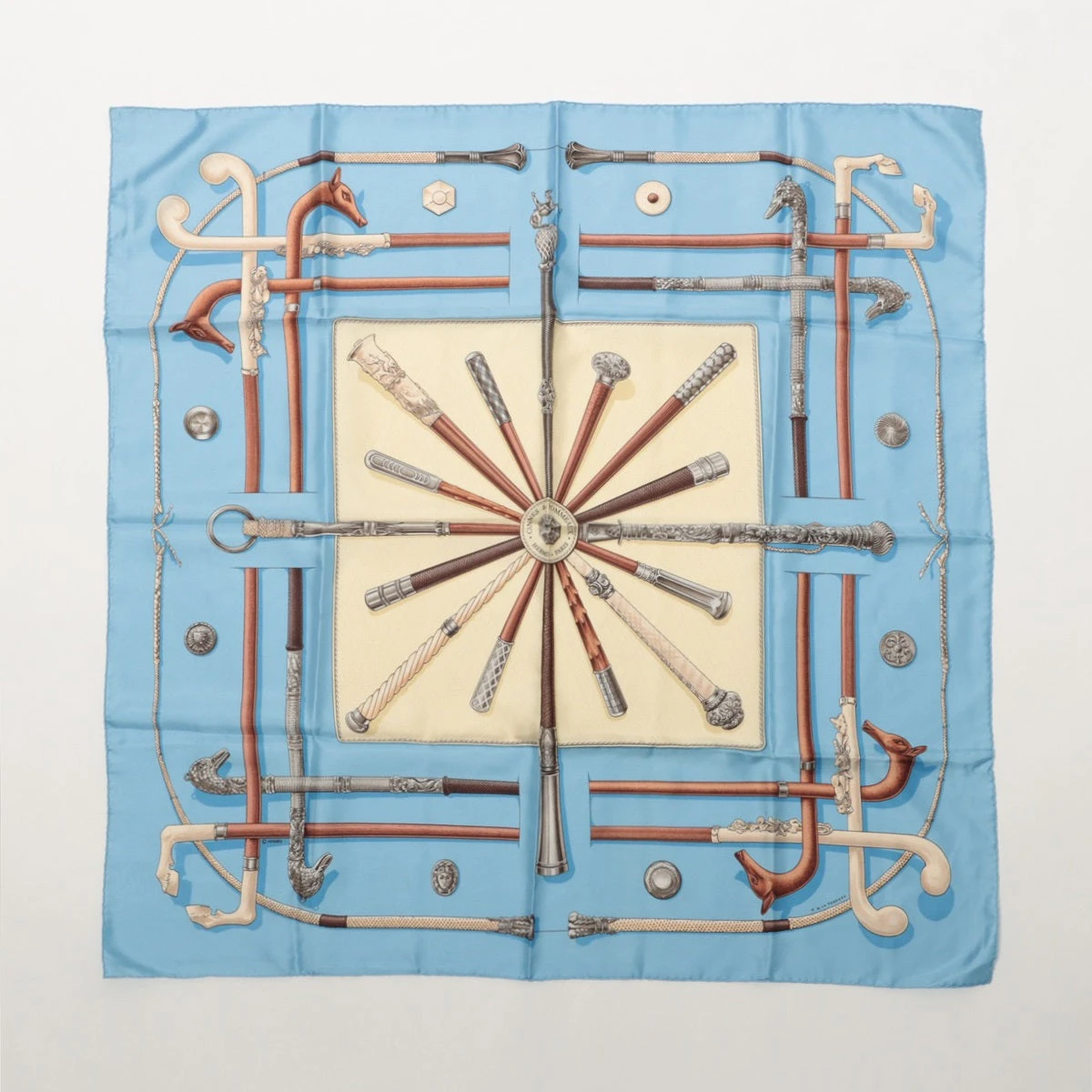 エルメス カレ90 CANNES＆POMMEAUX ステッキ柄 スカーフ シルク ブルー