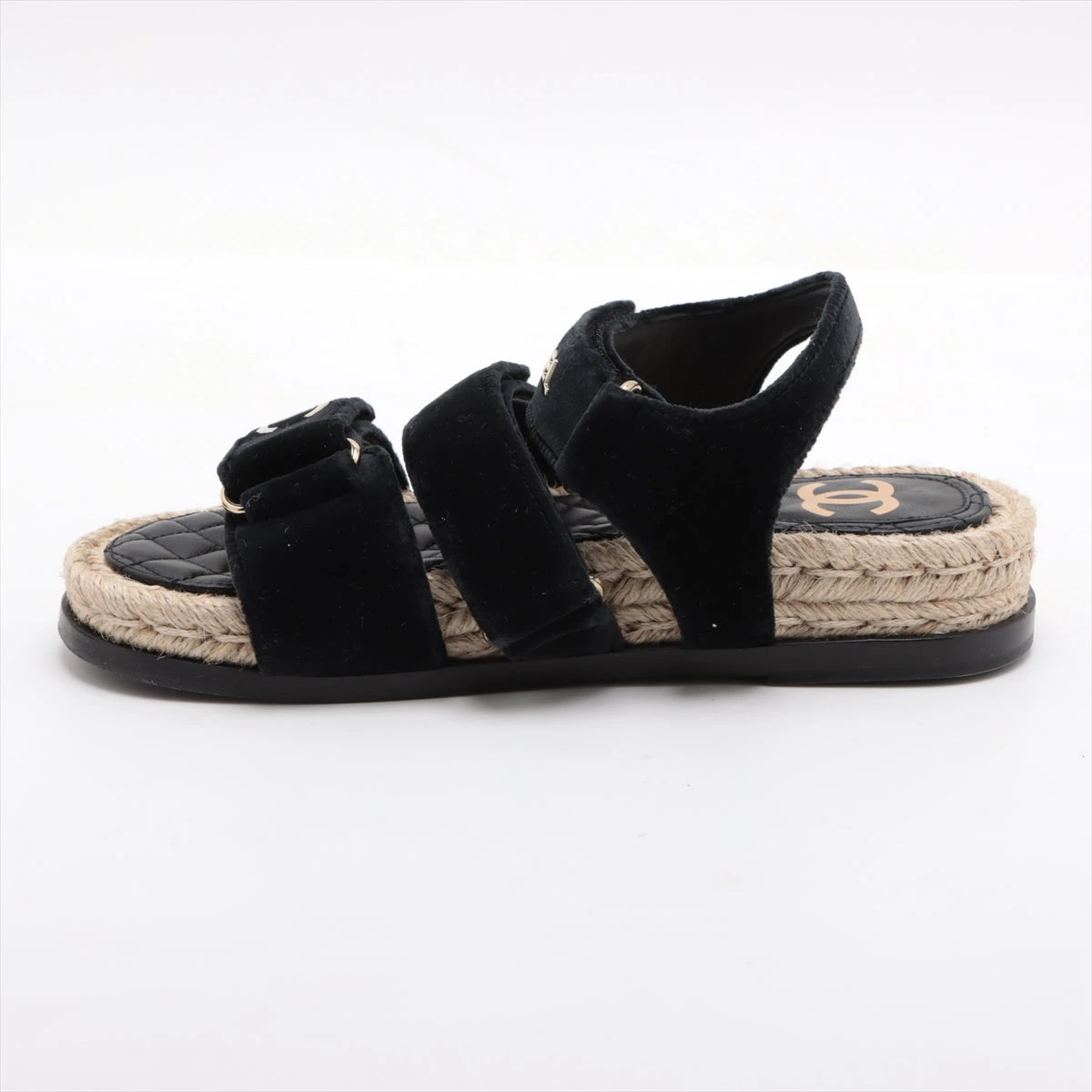 シャネル ココマーク ベルベット×レザー サンダル 35C