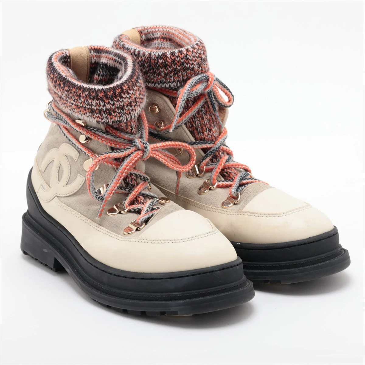 シャネル ココマーク ニット×レザー ショートブーツ 35 レディース