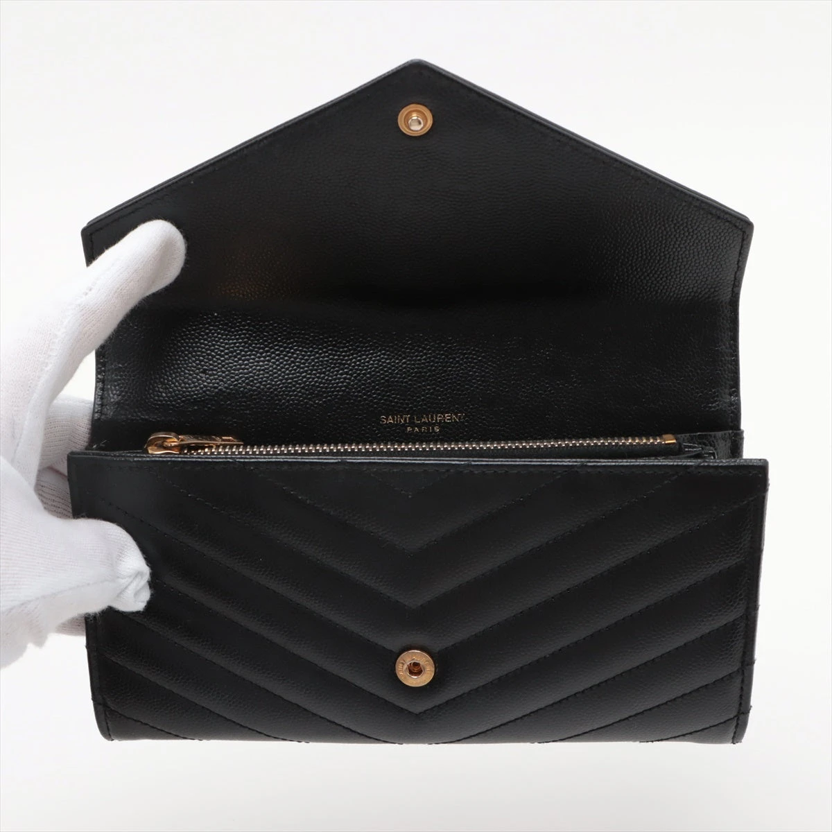 【美品】サンローラン 長財布 ブラック シルバーロゴ YSL Vステッチ サンローラン Vステッチ YSLロゴ GUE372264 レザー 長財布
