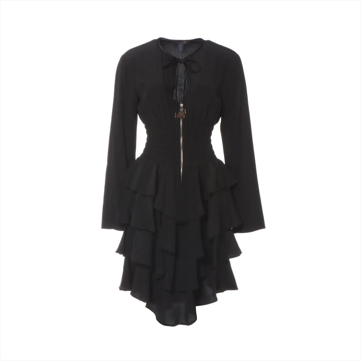 【ルイヴィトン】19SS ワンピース　フリル リボン　モノグラム 黒　36 ヴィトン 24SS レーヨン×シルク ワンピース 34 レディース