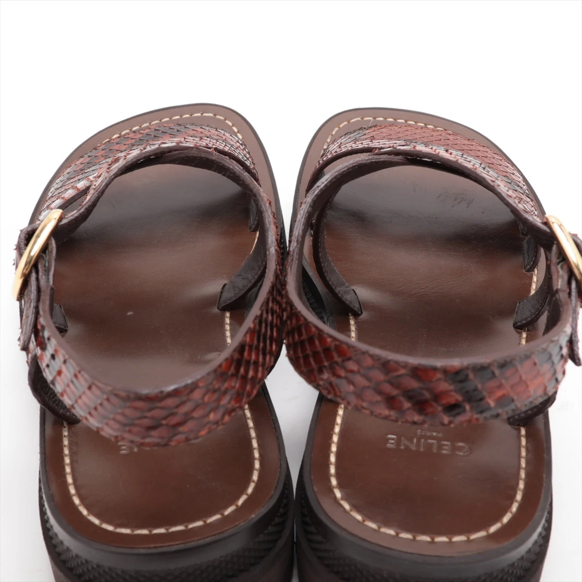 セリーヌ レザー×パイソン サンダル 37 レディース ブラウン×ブラック