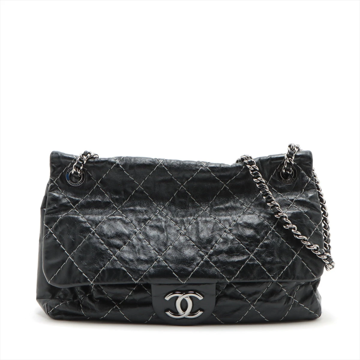 CHANEL ブラック ワイルドステッチ　バッグ ワイルドステッチダブルチェーンショルダーバッグ カーフスキン