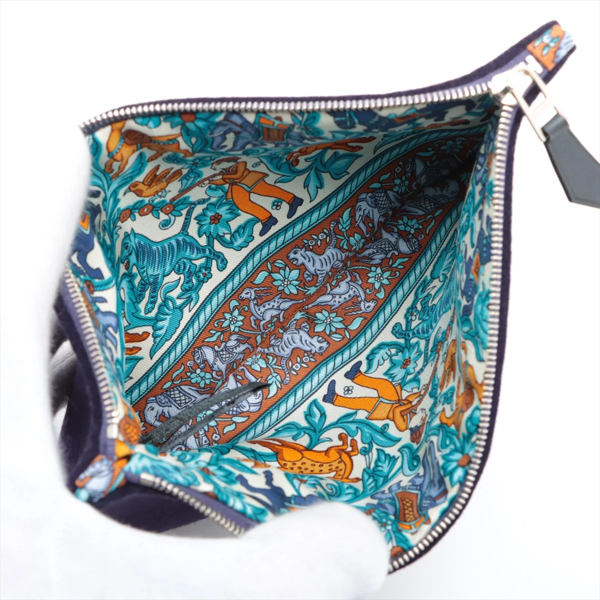 エルメス ポーチ フェルト×シルク ネイビー シルバー金具 シルクイン