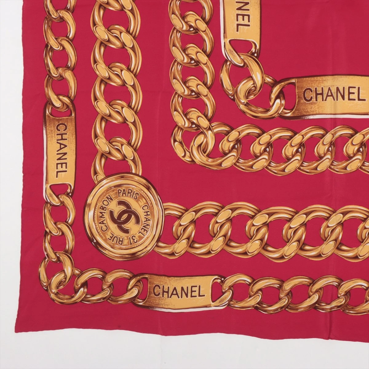 シャネル スカーフ シルク ココマーク レッド 約87cm×87cm CHANEL スカーフ レッド シルク チェーン/ココマーク柄 【431