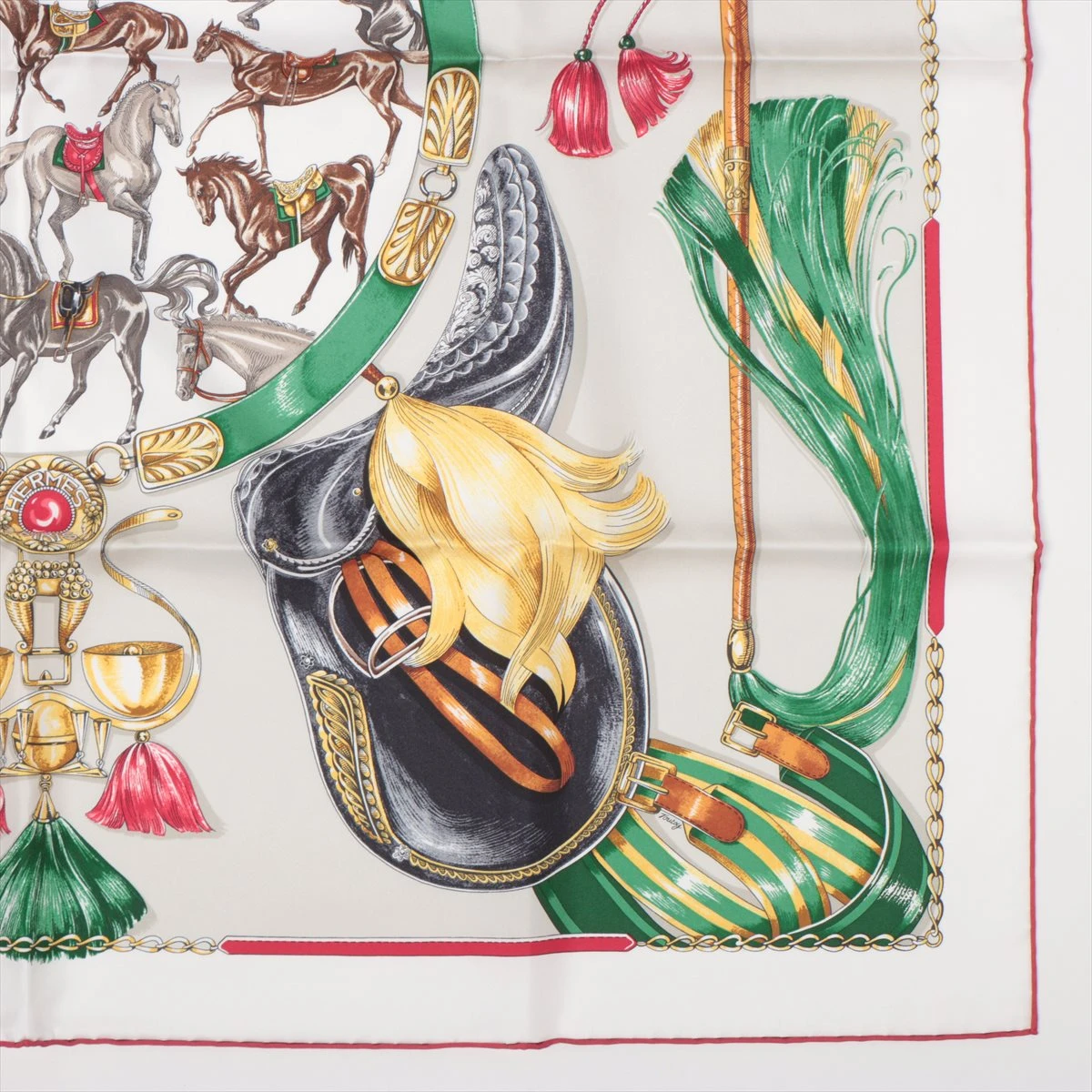 HERMES♦︎大判シルクスカーフ♦︎カレ90 エルメス カレ90 CAVAL CADES 騎馬行進 スカーフ シルク グレー×レッド