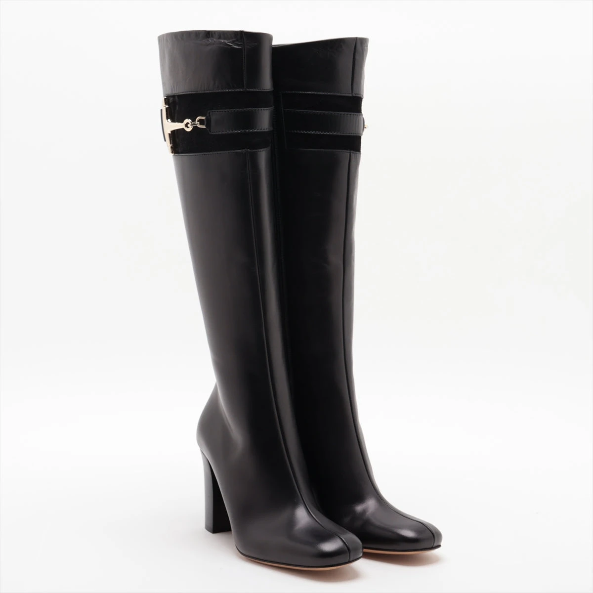 新品未使用　GUCCI グッチ　36.5 ブラック レザーロングブーツ グッチ ホースビット レザー ロングブーツ 36 レディース