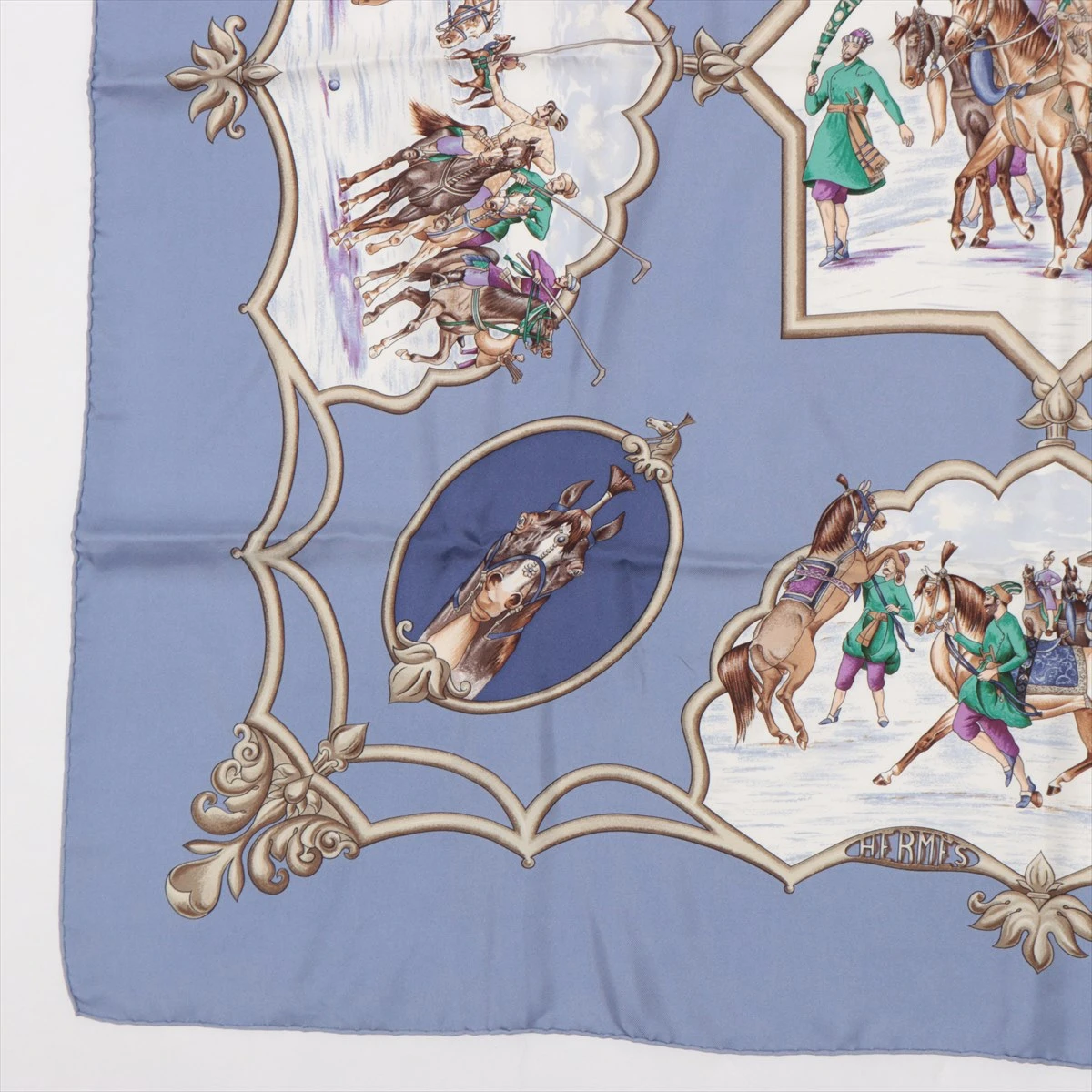 クリRR609HERMES エルメススカーフ 大判スカーフシルク ムガル王朝の馬 エルメス スカーフ シルク ブルー カレ90 LES CHEVAUX DES