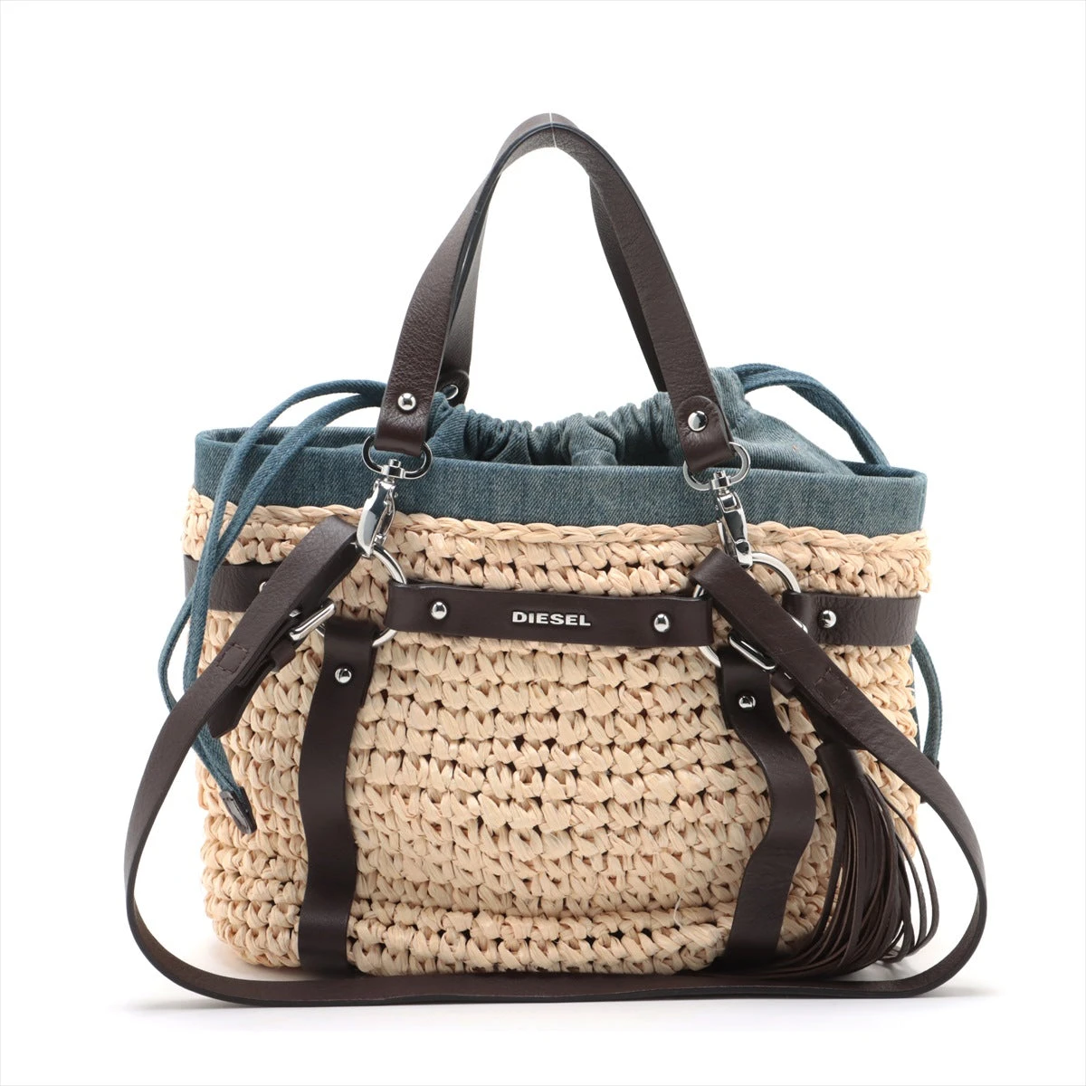 ディーゼル ストロー×デニム カゴバッグ ブルー×ブラウン A2879799  