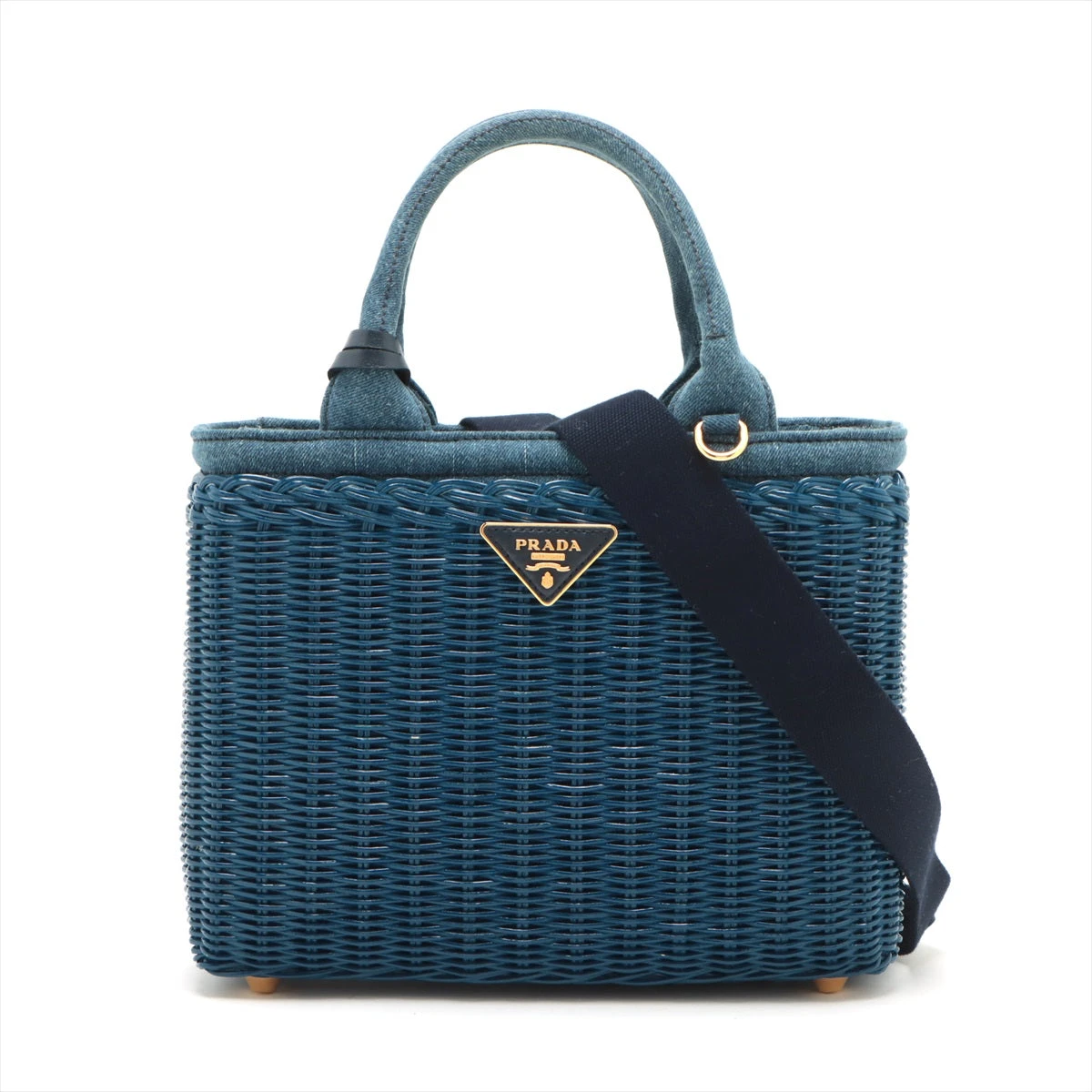 プラダ カナパ ウィッカー ラタン×デニム 2WAYハンドバッグ ネイビー  