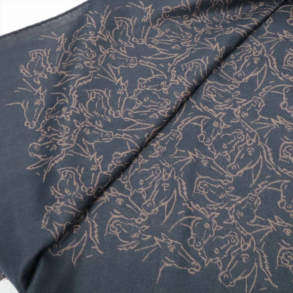 HERMES ストール ホースミックス リバーシブル カシミア シルク　ネイビー エルメス ストール カシミヤ×シルク ベージュ×ネイビー HO