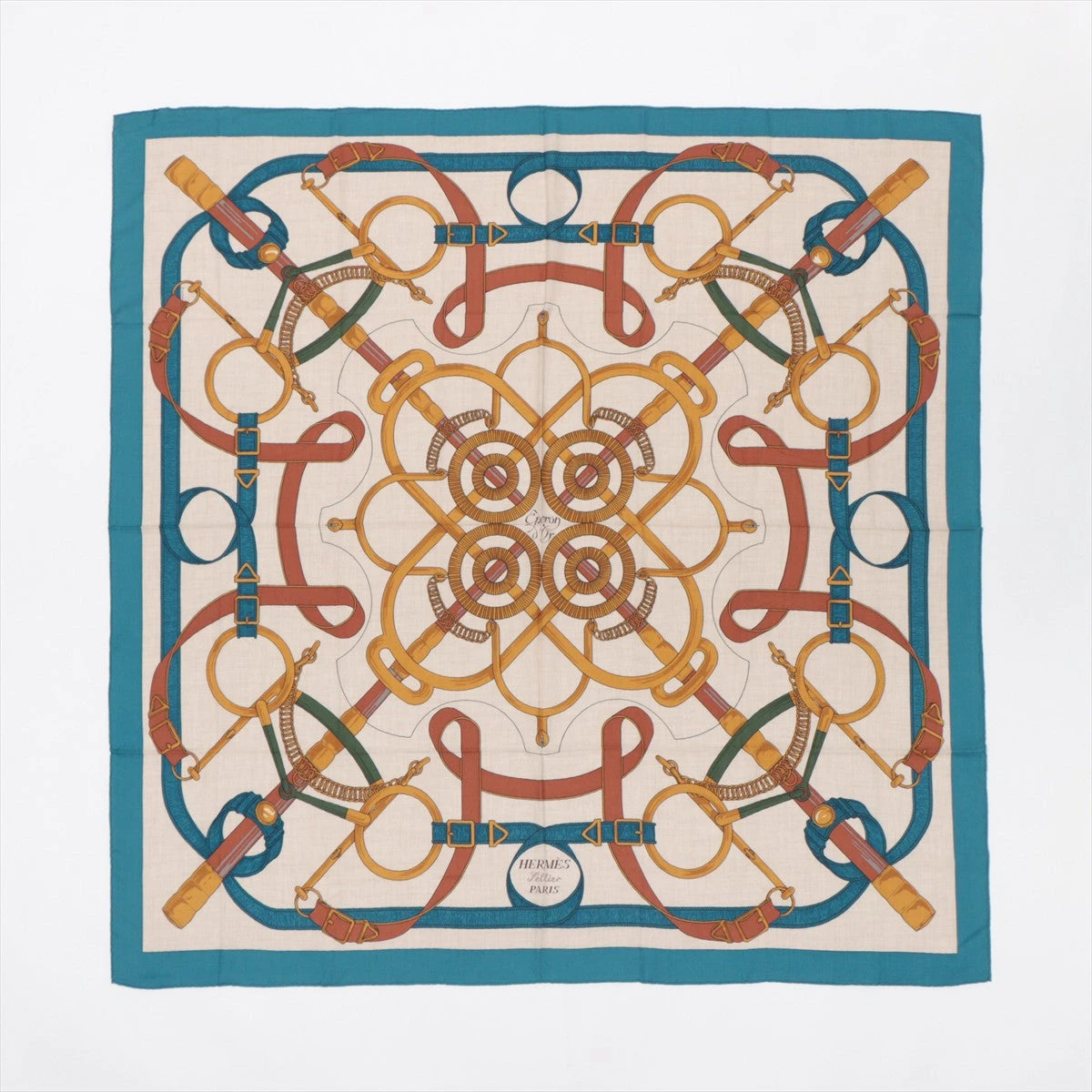 エルメス カレ90 黄金の拍車 プリーツ ブルー シルク ストール タグ