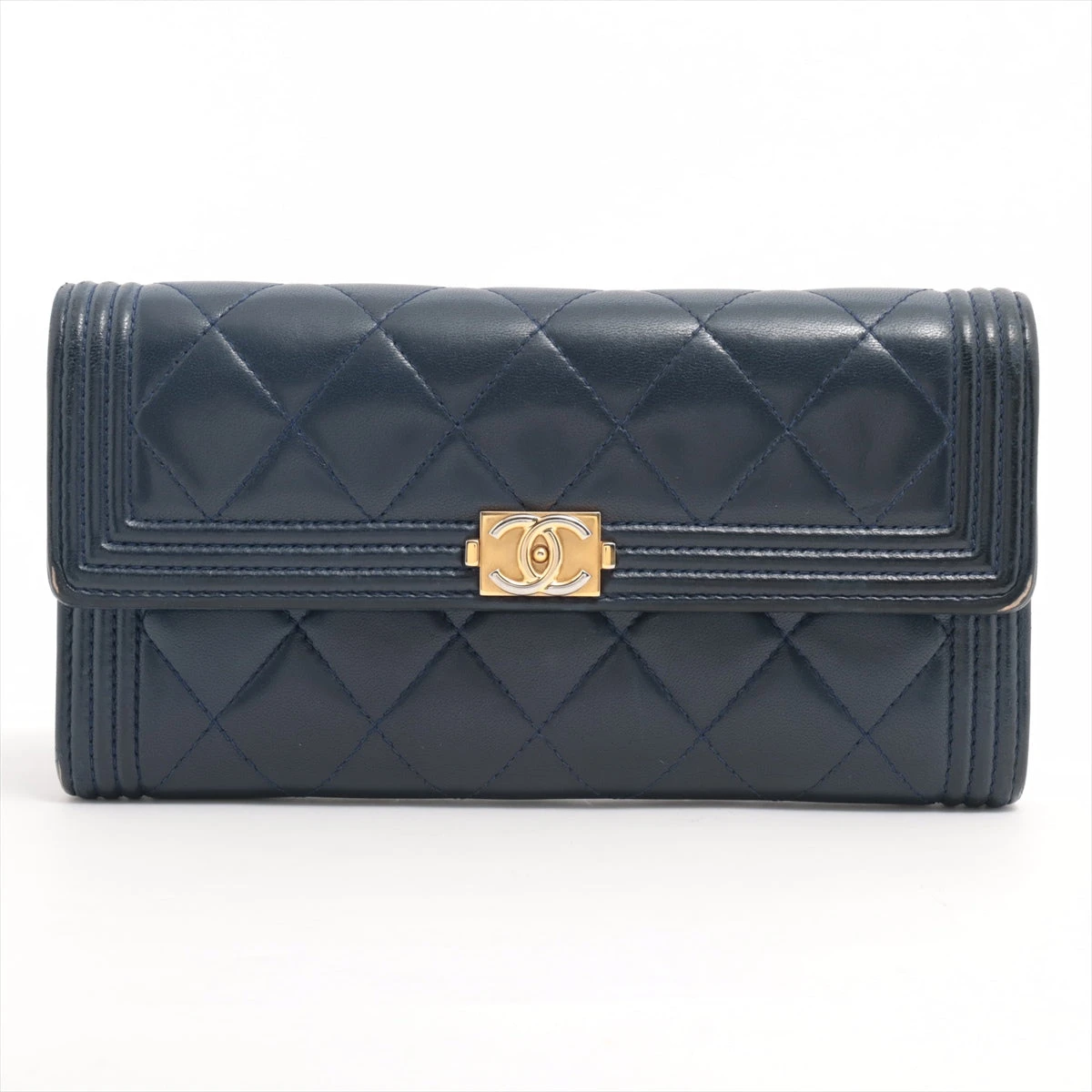 シャネル ボーイシャネル ラムスキン 財布 ネイビー ゴールド金具 21  