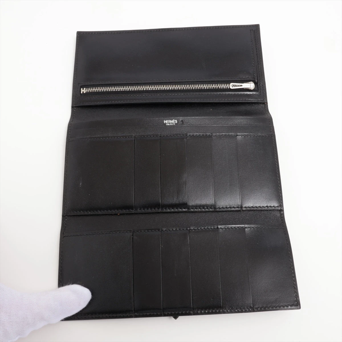エルメス ベアン デュプリ ボックスカーフ 財布 ブラック シルバー金具 