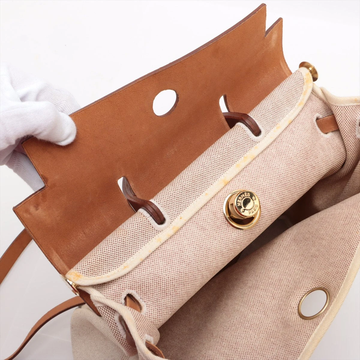 エルメス エールバッグアドMM トワルアッシュ×レザー ブラウン