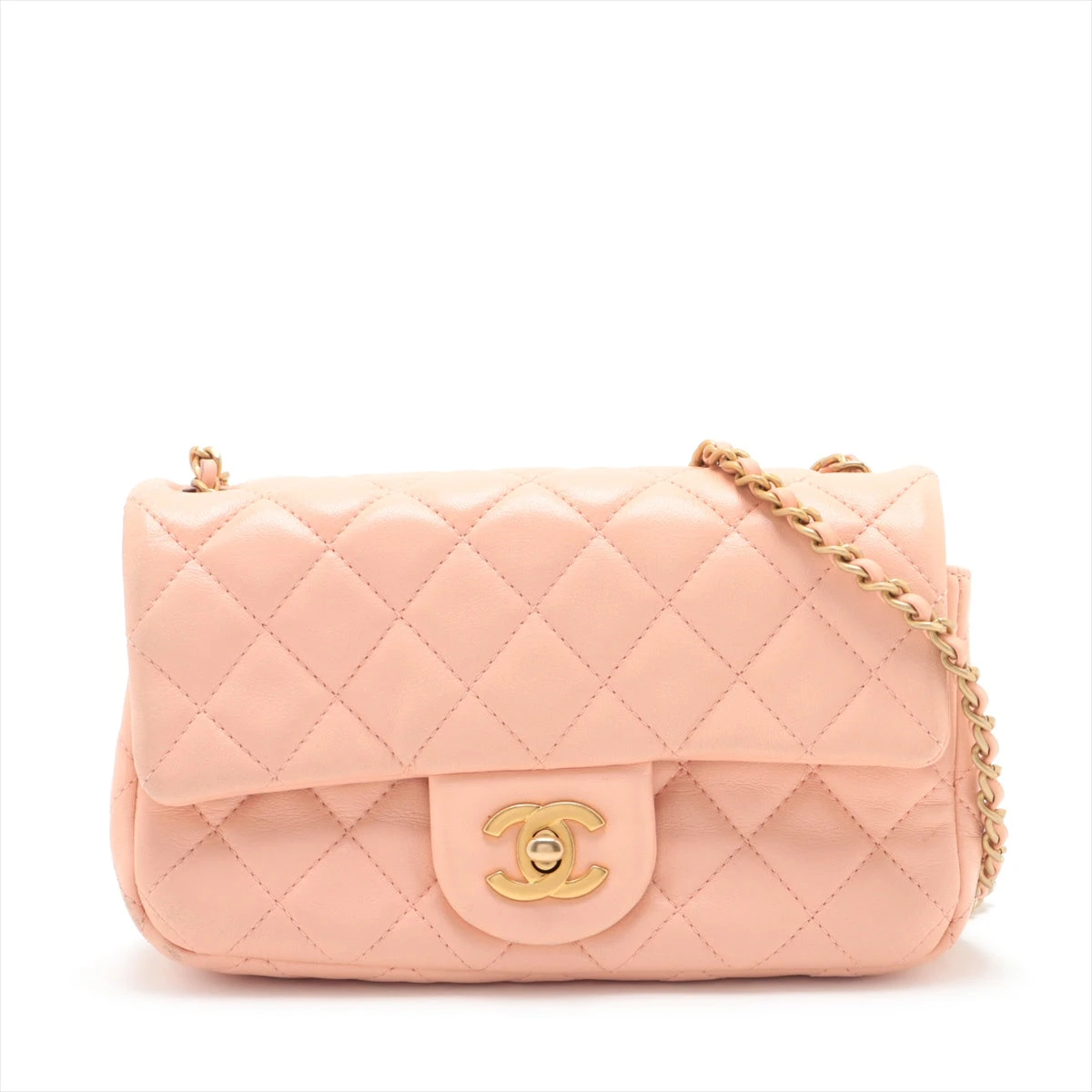 ミニラムスキン シングルフラップ シングルチェーンバッグ ピンク