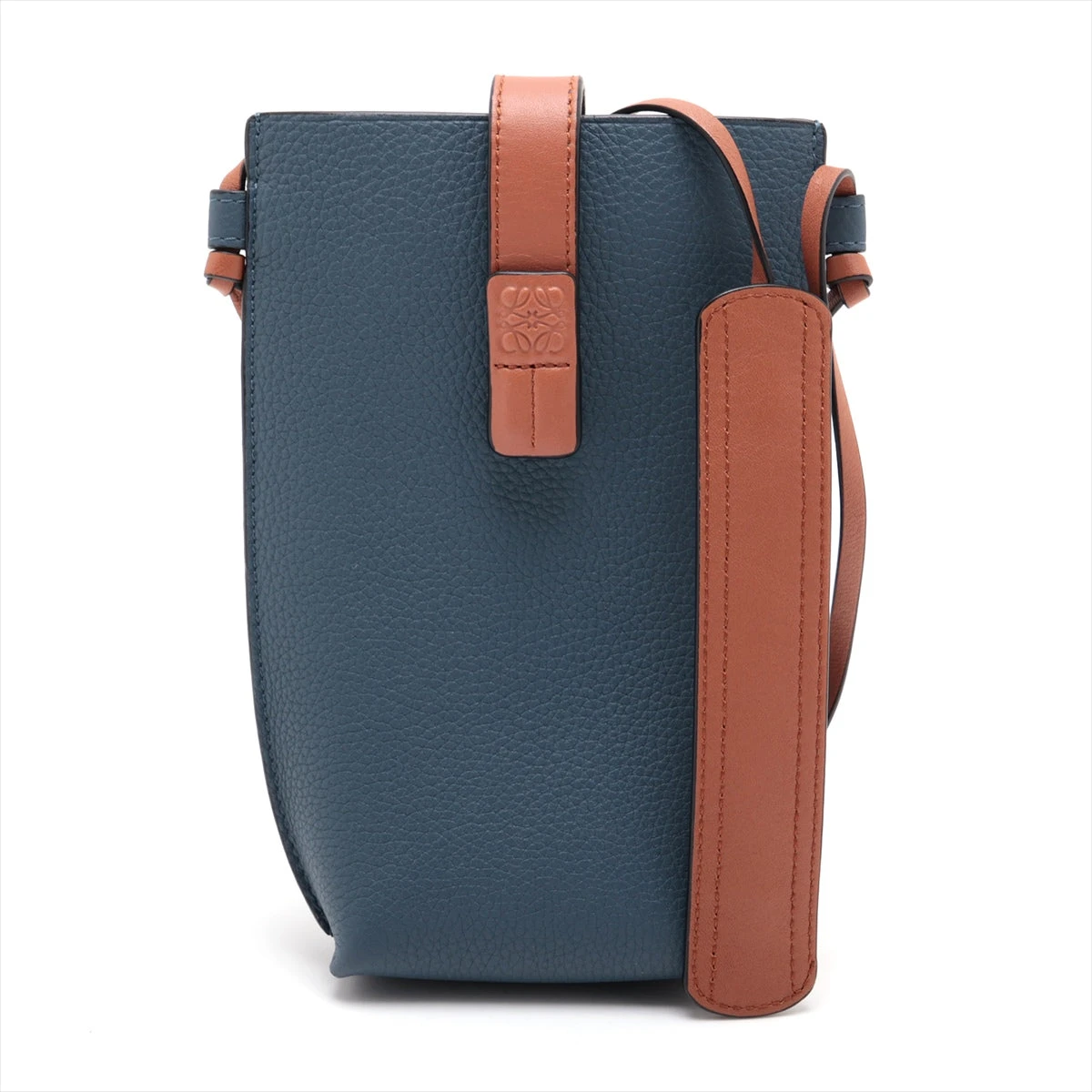 ロエベ ゲートポケット レザー ショルダーバッグ ネイビー×ブラウン