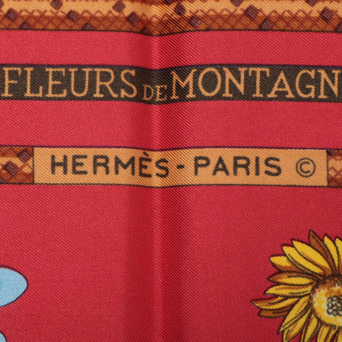 エルメス カレ90 FLEURS DE MONTAGNE スカーフ シルク レッド×グリーン